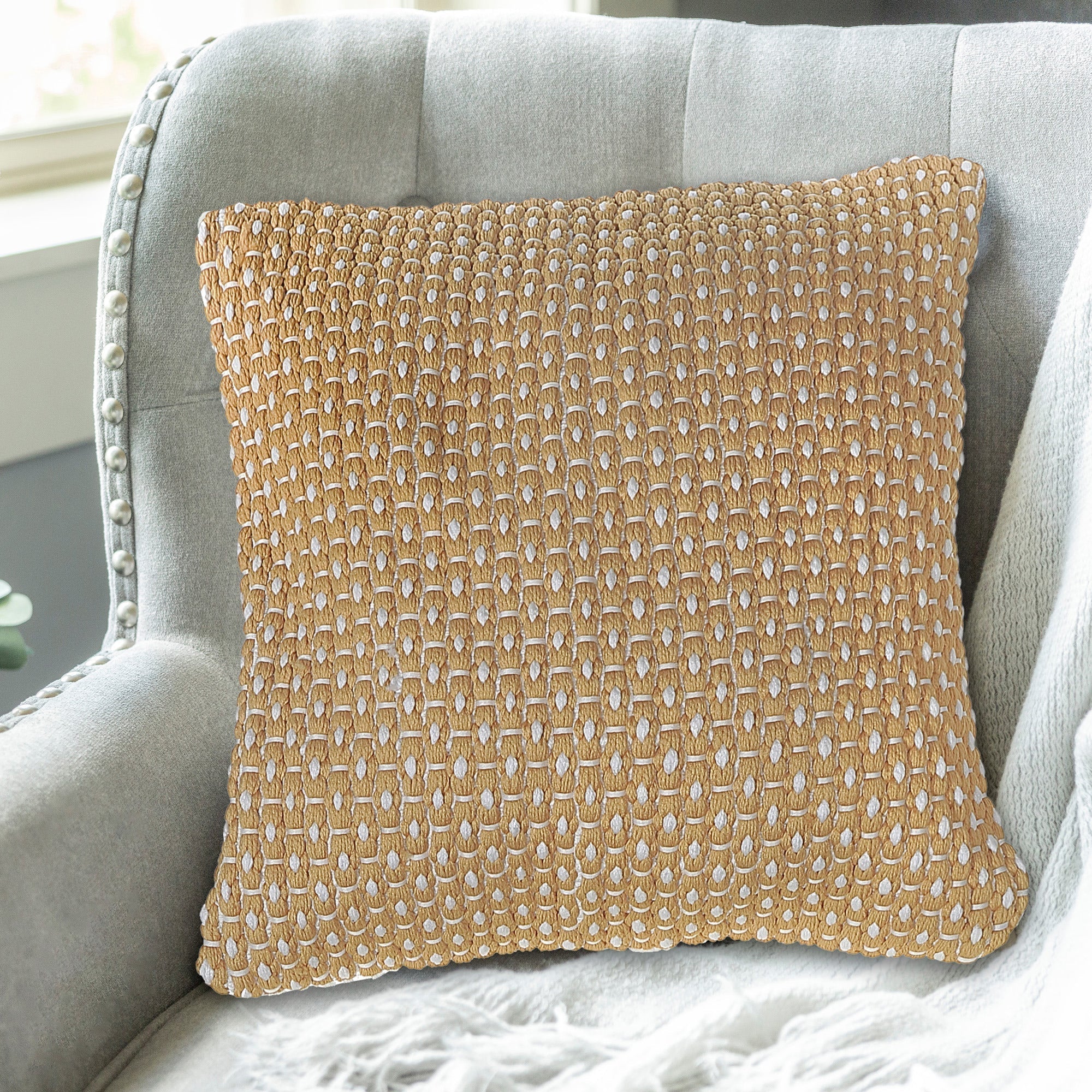 Microfibre Handloom Cushion Ochre Set Of 2, 18 X 18 Inch, Decorative Throw Pillow