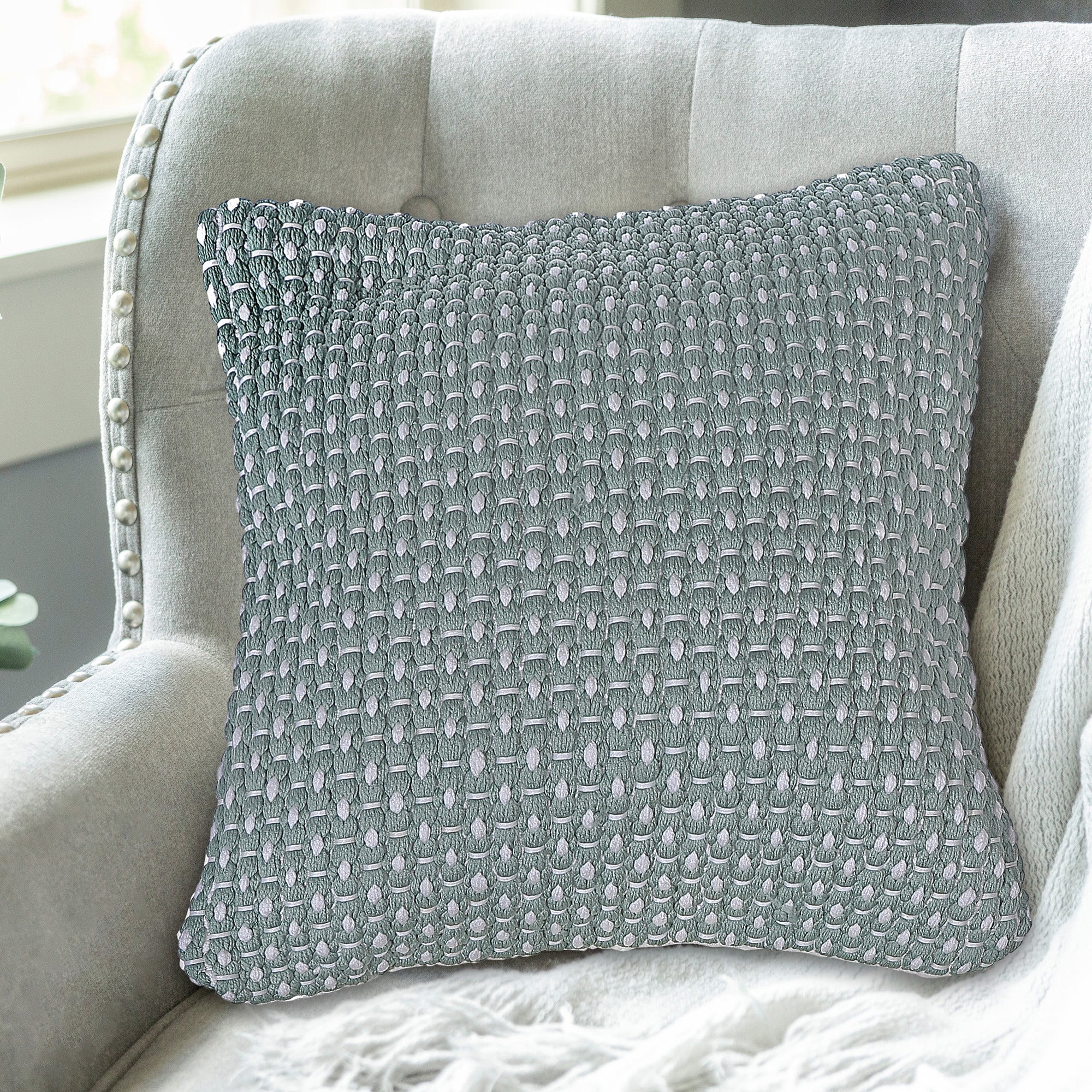 Microfibre Handloom Cushion Silt Green Set Of 2, 18 X 18 Inch, Decorative Throw Pillow