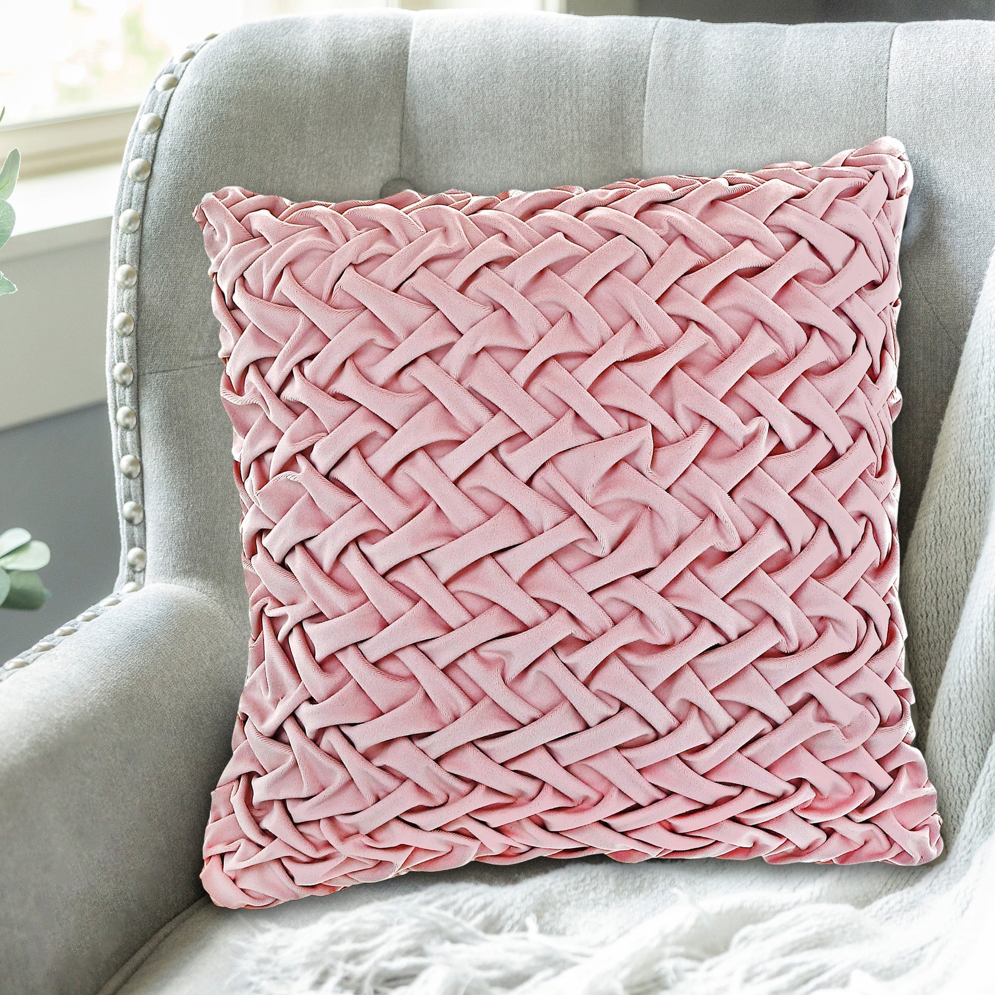 Monica Braided Cushion Pale Pink Set Of 2, 18 X 18 Inch, Decorative Throw Pillow