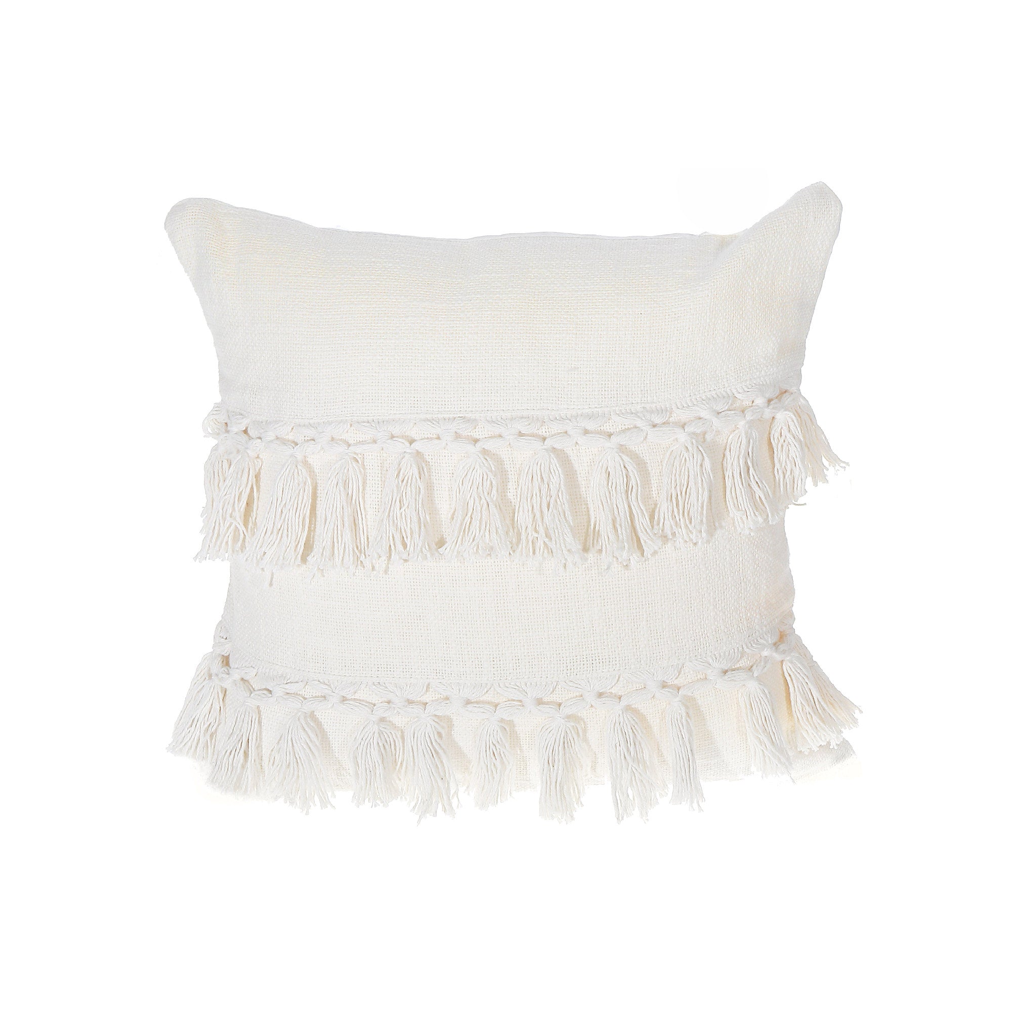 Slub Cotton Ivory Fringe Cushion Emma Set Of 2, 18 X 18 Inch, Decorative Throw Pillow