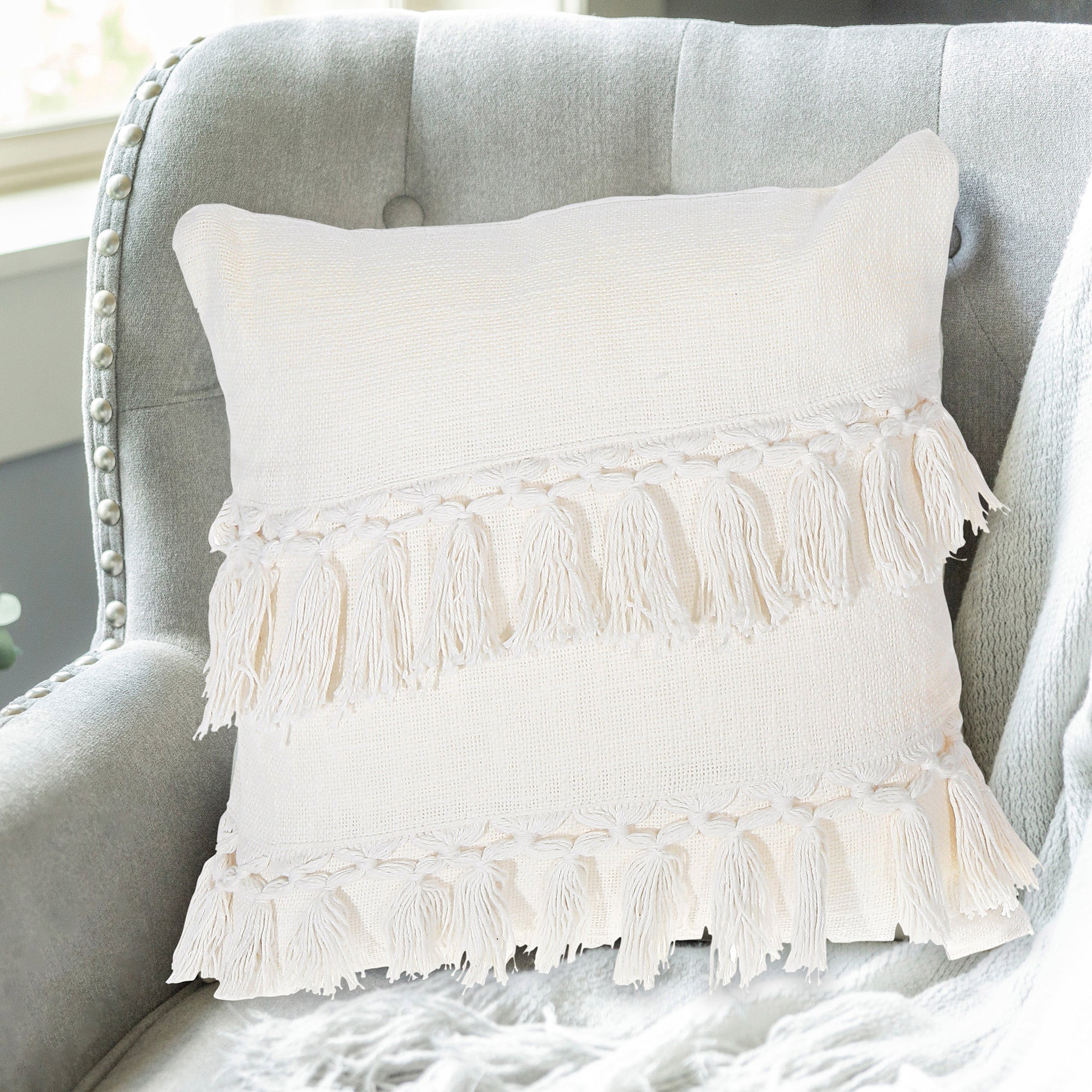 Slub Cotton Ivory Fringe Cushion Emma Set Of 2, 18 X 18 Inch, Decorative Throw Pillow
