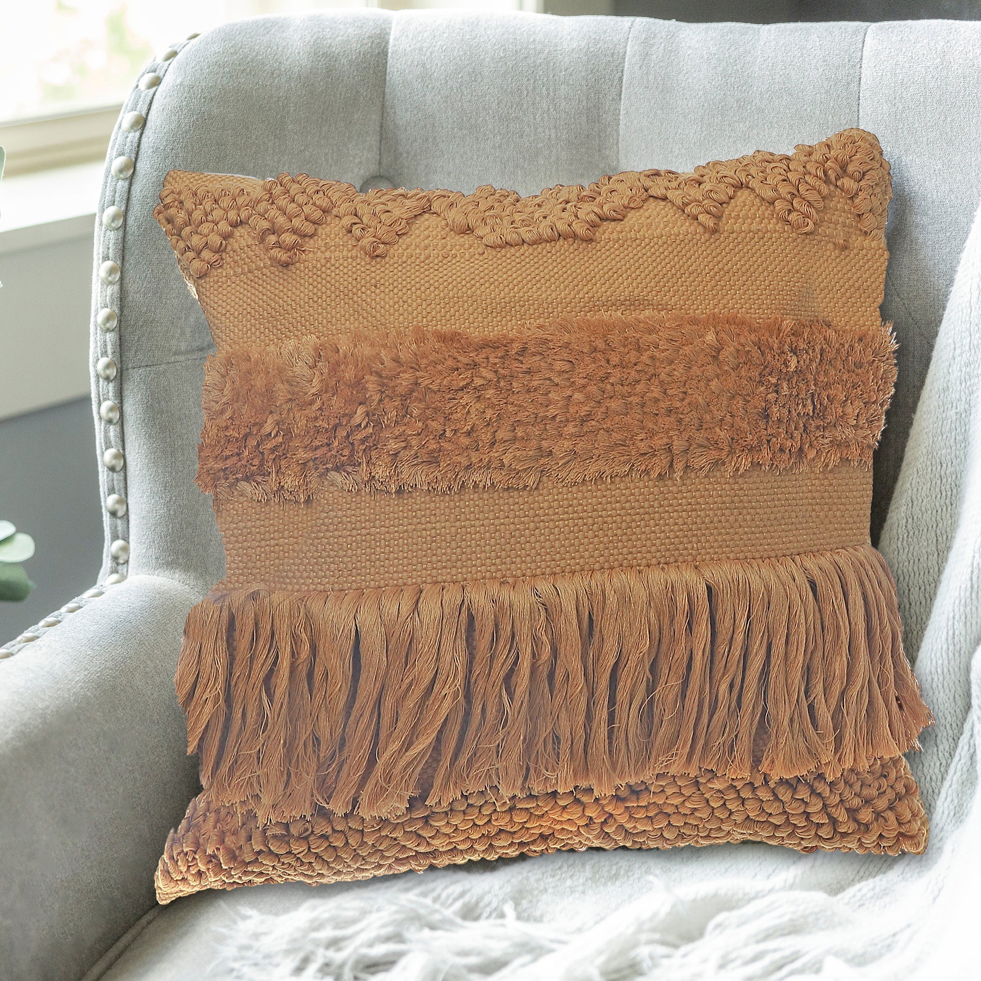 Camel Handloom Fringe Cushion Set of 2 – Decorative Throw Pillow, Home Decor