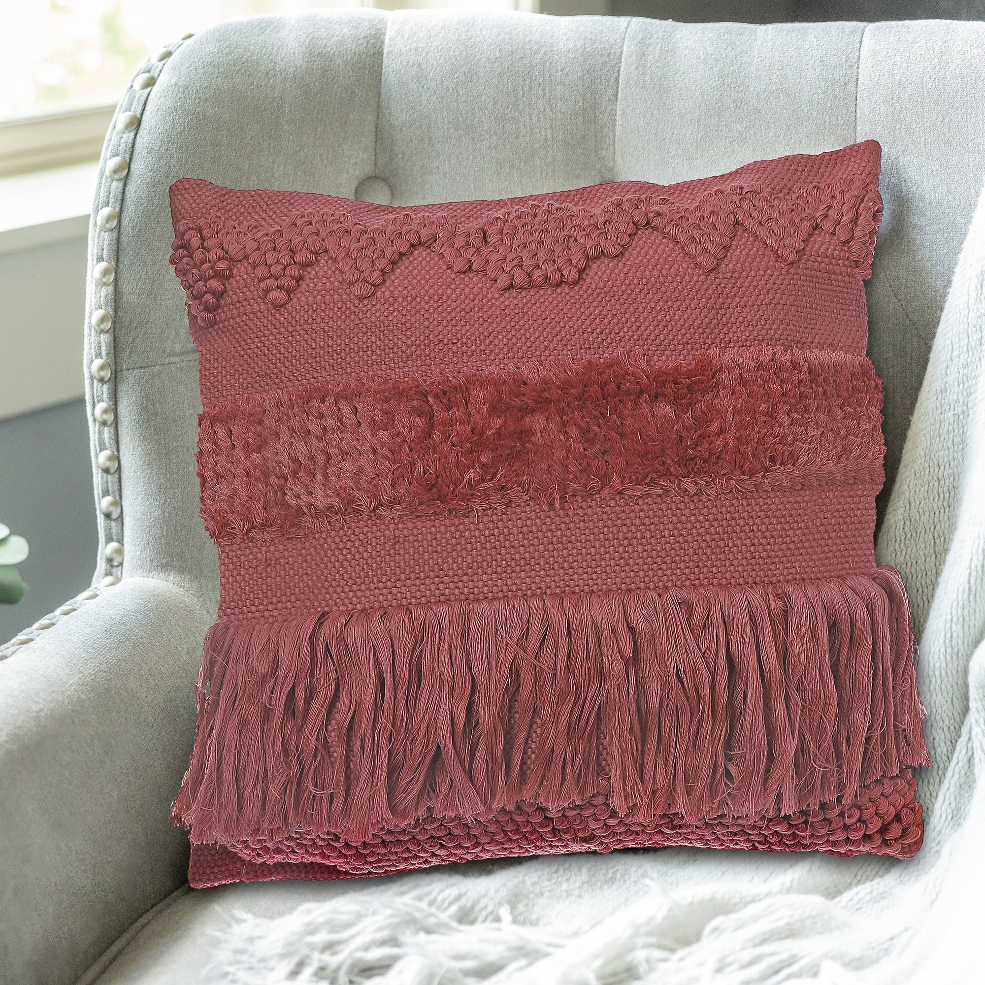 Carrot Handloom Fringe Cushion Set of 2 – Decorative Throw Pillow, Home Decor
