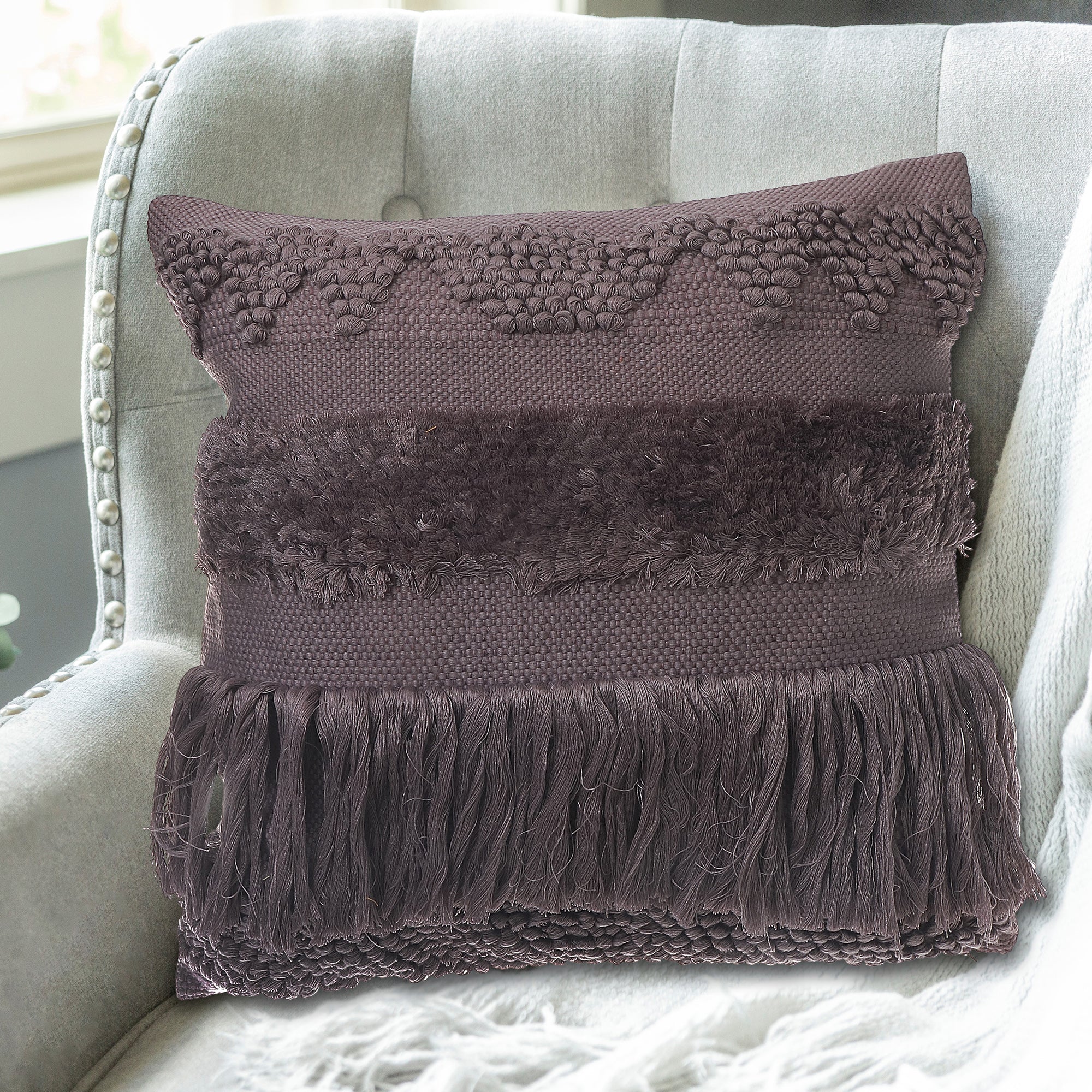 Lilac Handloom Fringe Cushion Set of 2 – Decorative Throw Pillow, Home Decor