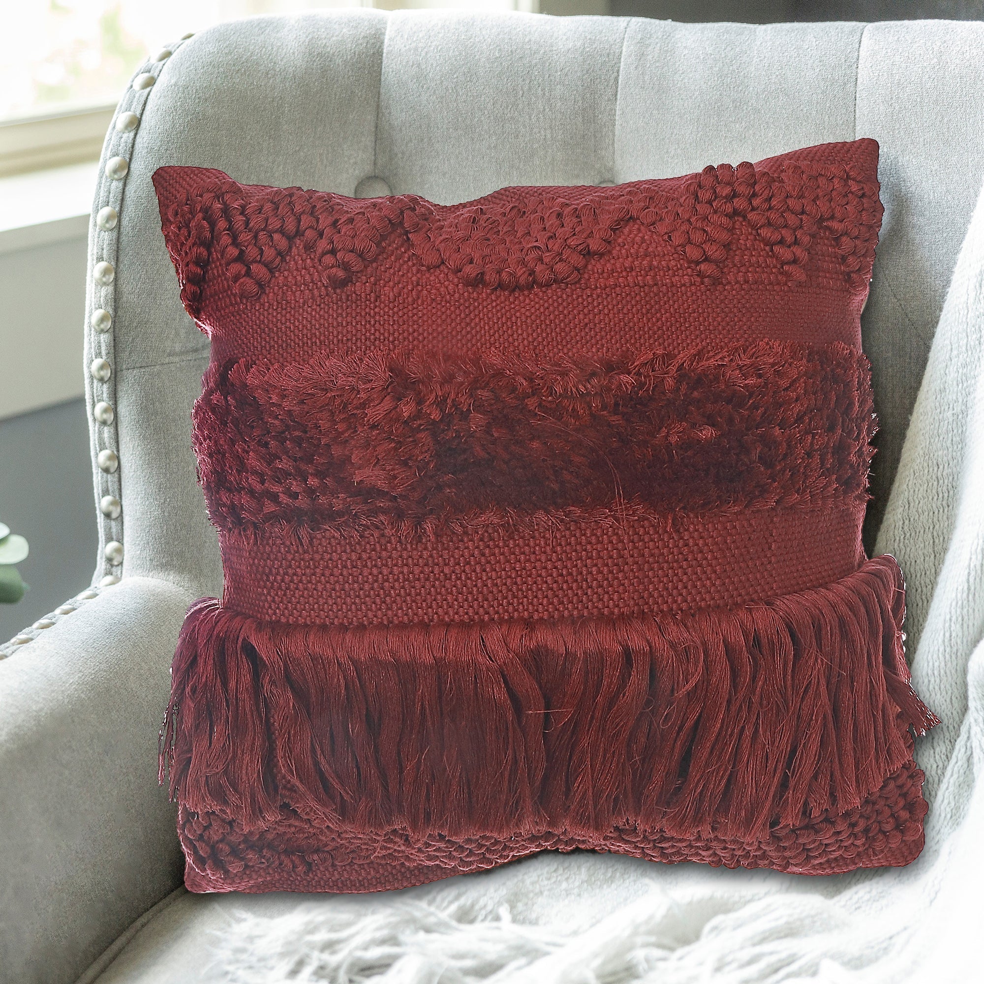 Maroon Handloom Fringe Cushion Set of 2 – Decorative Throw Pillow, Home Decor