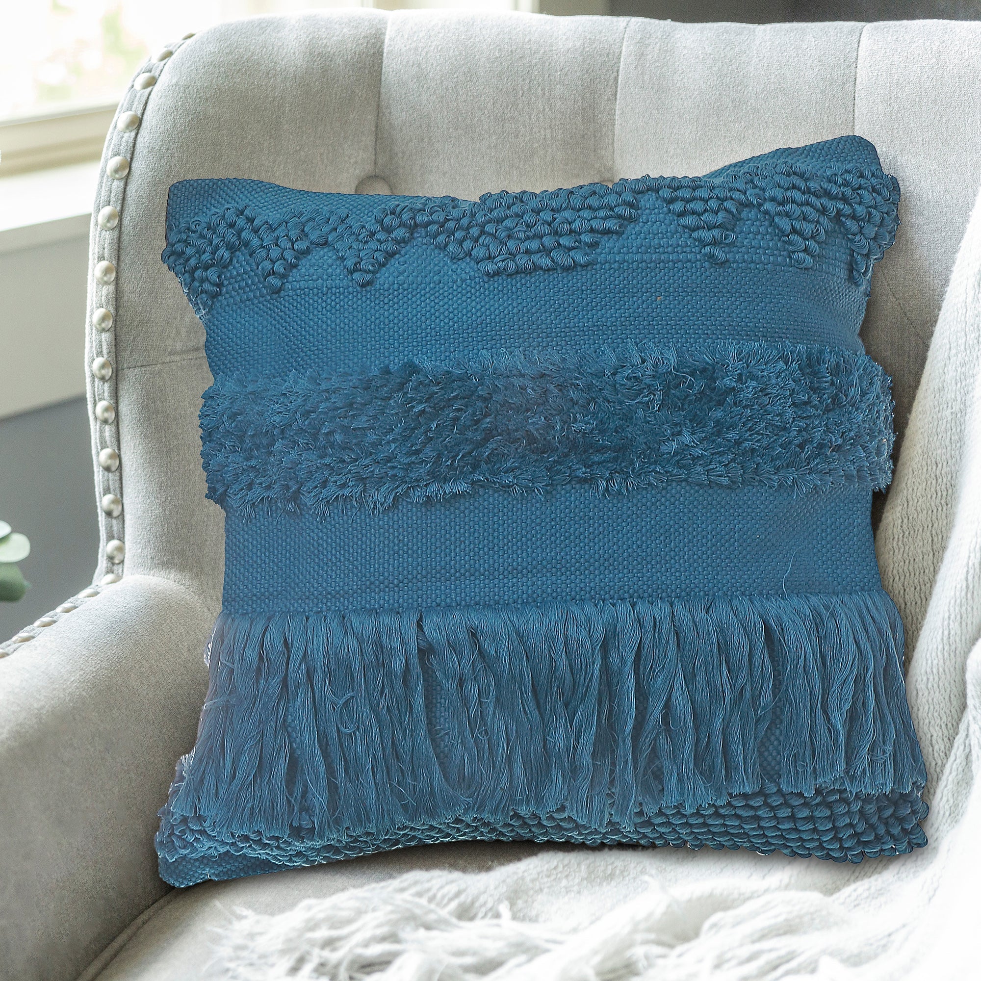Royal Blue Handloom Fringe Cushion Set of 2 – Decorative Throw Pillow, Home Decor