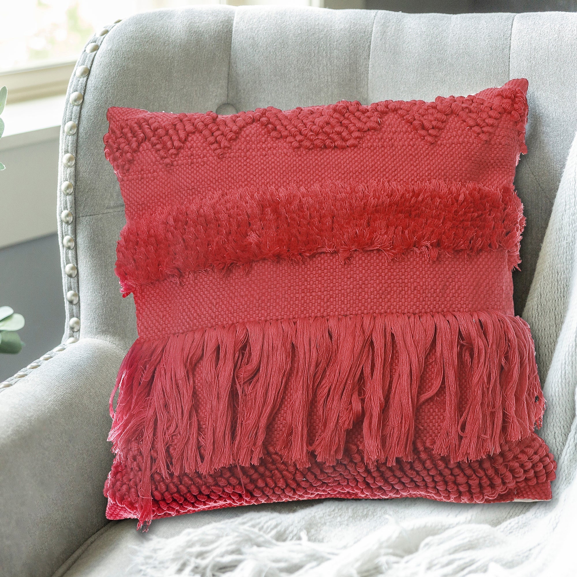 Rust Handloom Fringe Cushion Set of 2 – Decorative Throw Pillow, Home Decor