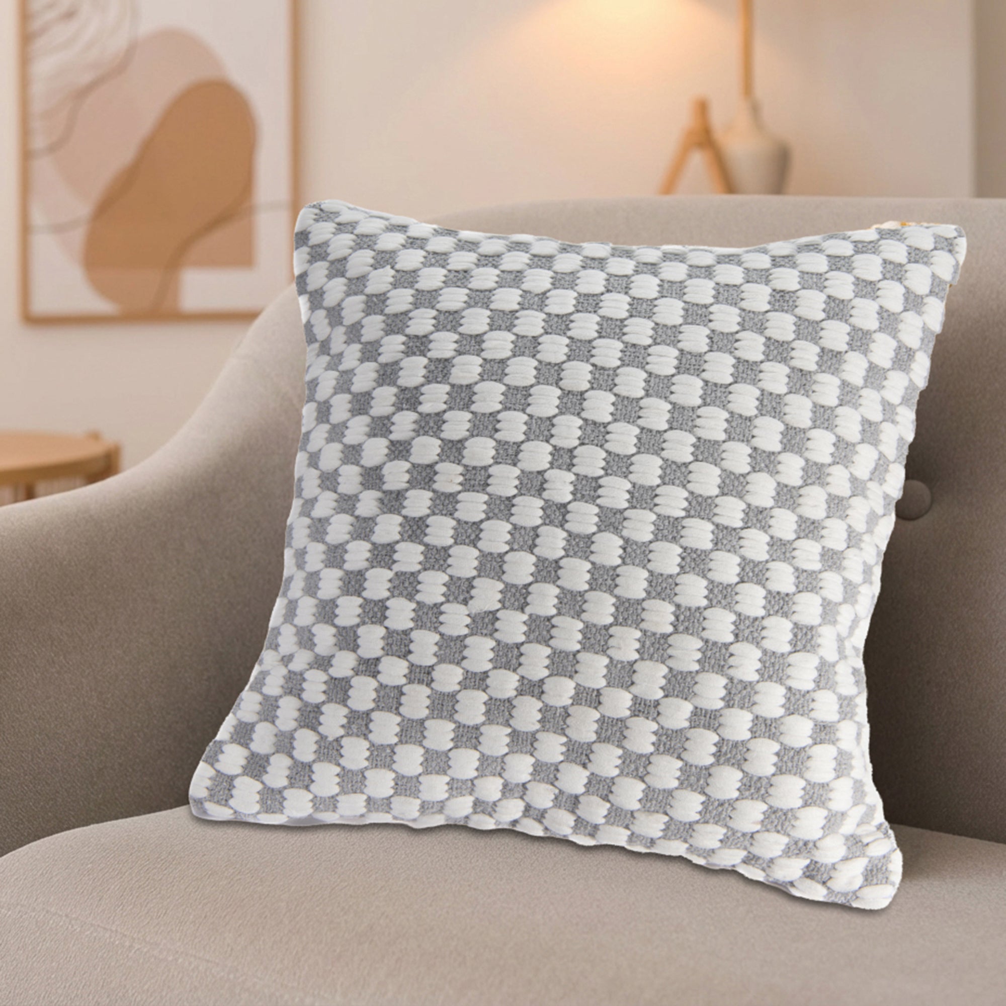 Silver Checkered Pattern Cotton Handwoven Decorative Cushion - Set of 2