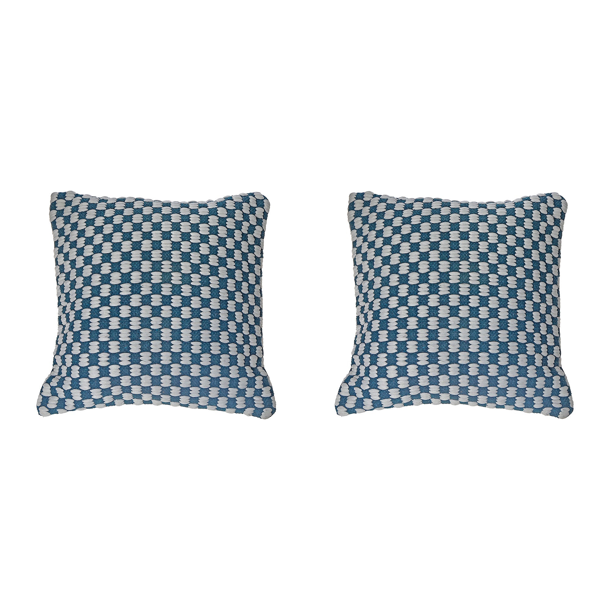 Teal Checkered Pattern Cotton Handwoven Decorative Cushion - Set of 2