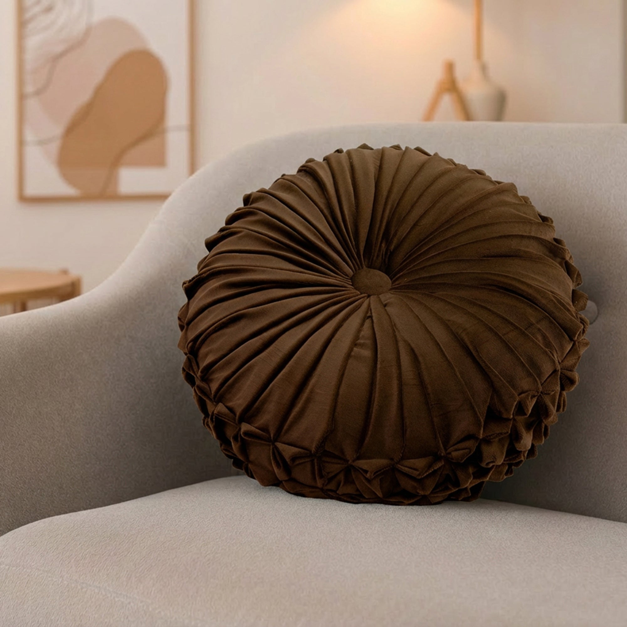 Rich Chocolate Brown Velvet Round Decorative Cushion - Set of 2