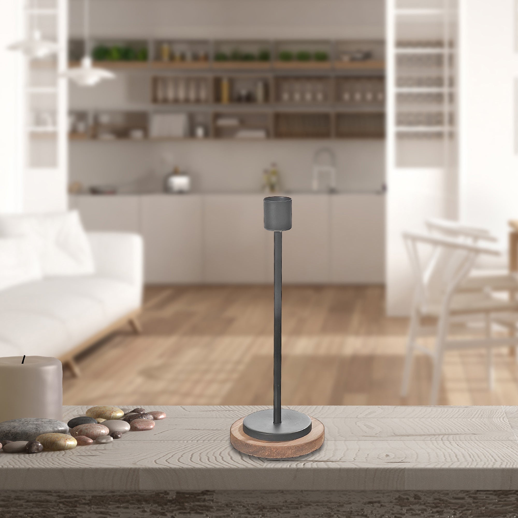 Small Metal Candle Holder with Wood Base – Tabletop Decor, Home Candle Accessory