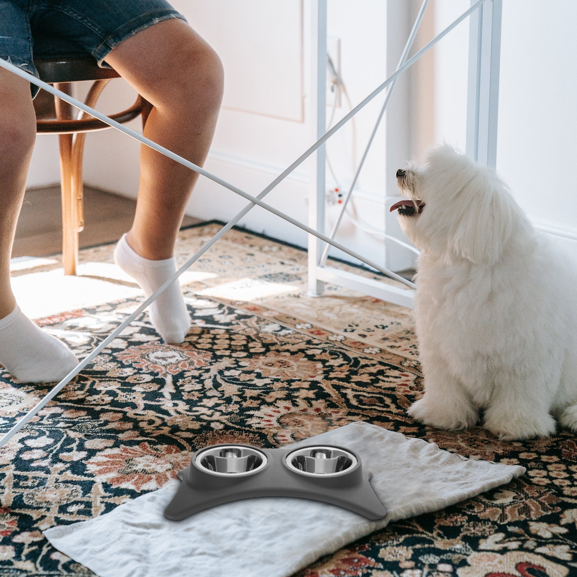 Stainless Steel Double Pet Bowl With Stand Gray, Elevated Dog Cat Feeder, Non-Slip