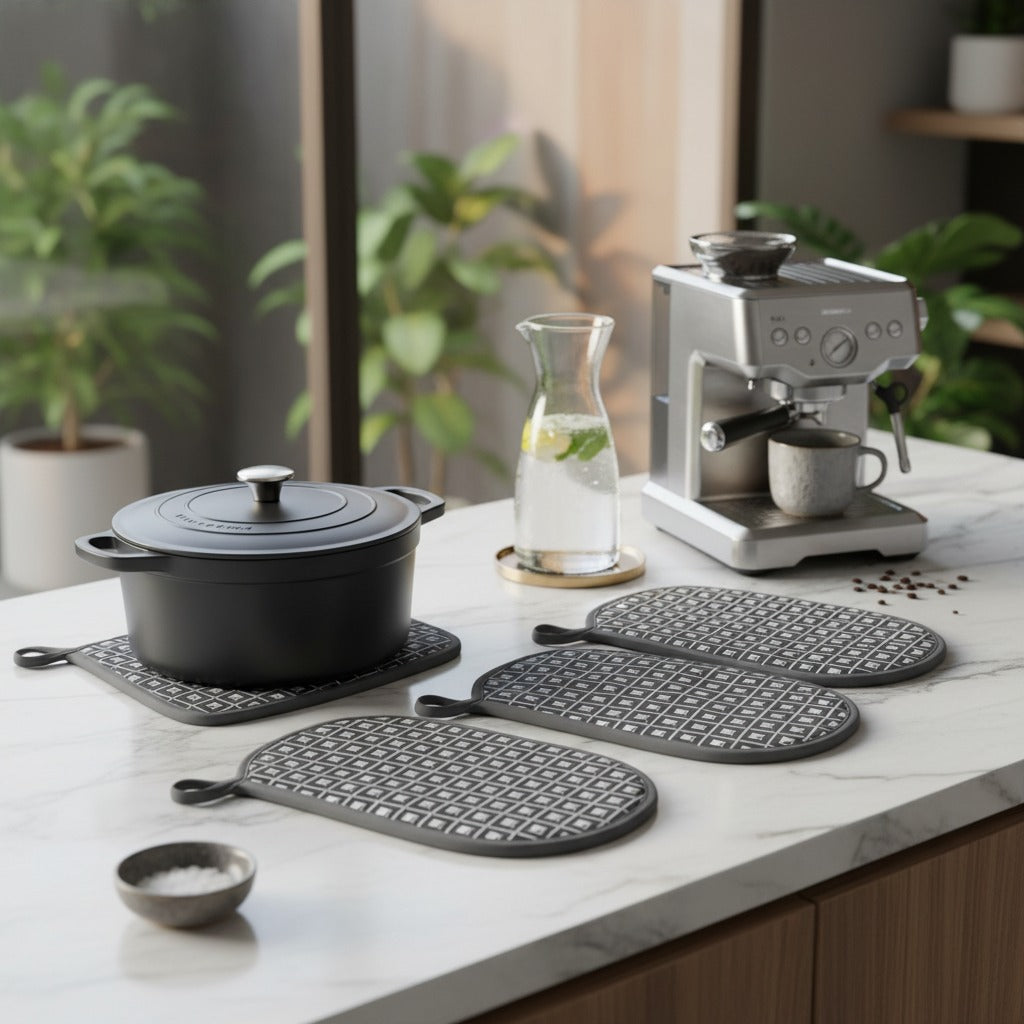 Gray Geometric Silicone Pot Holders – Heat Resistant, Non-Slip Kitchen Accessories – Set of 4