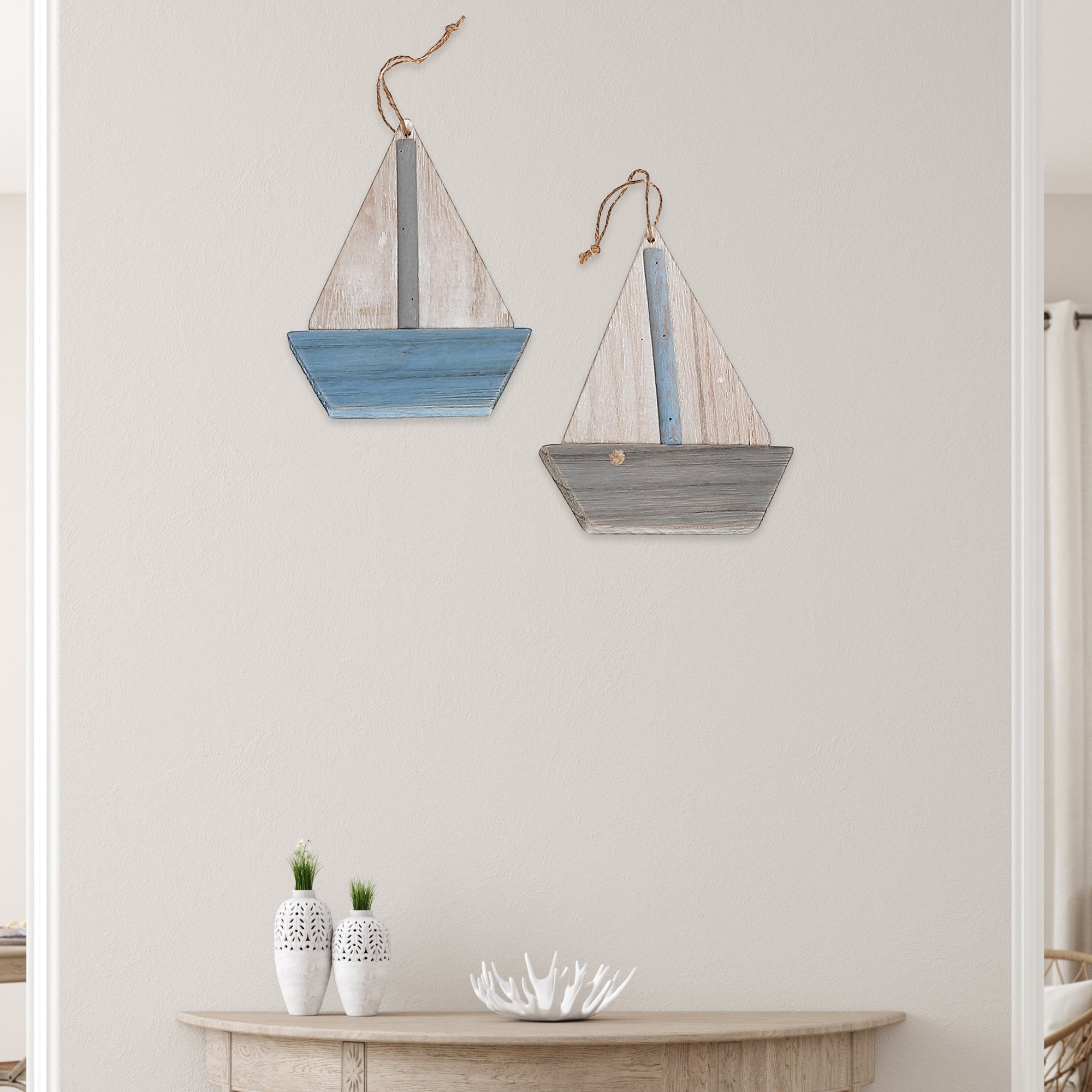 Wooden Sailboat Ornament Assorted Set Of 2, Nautical Decor, Coastal Home Accent