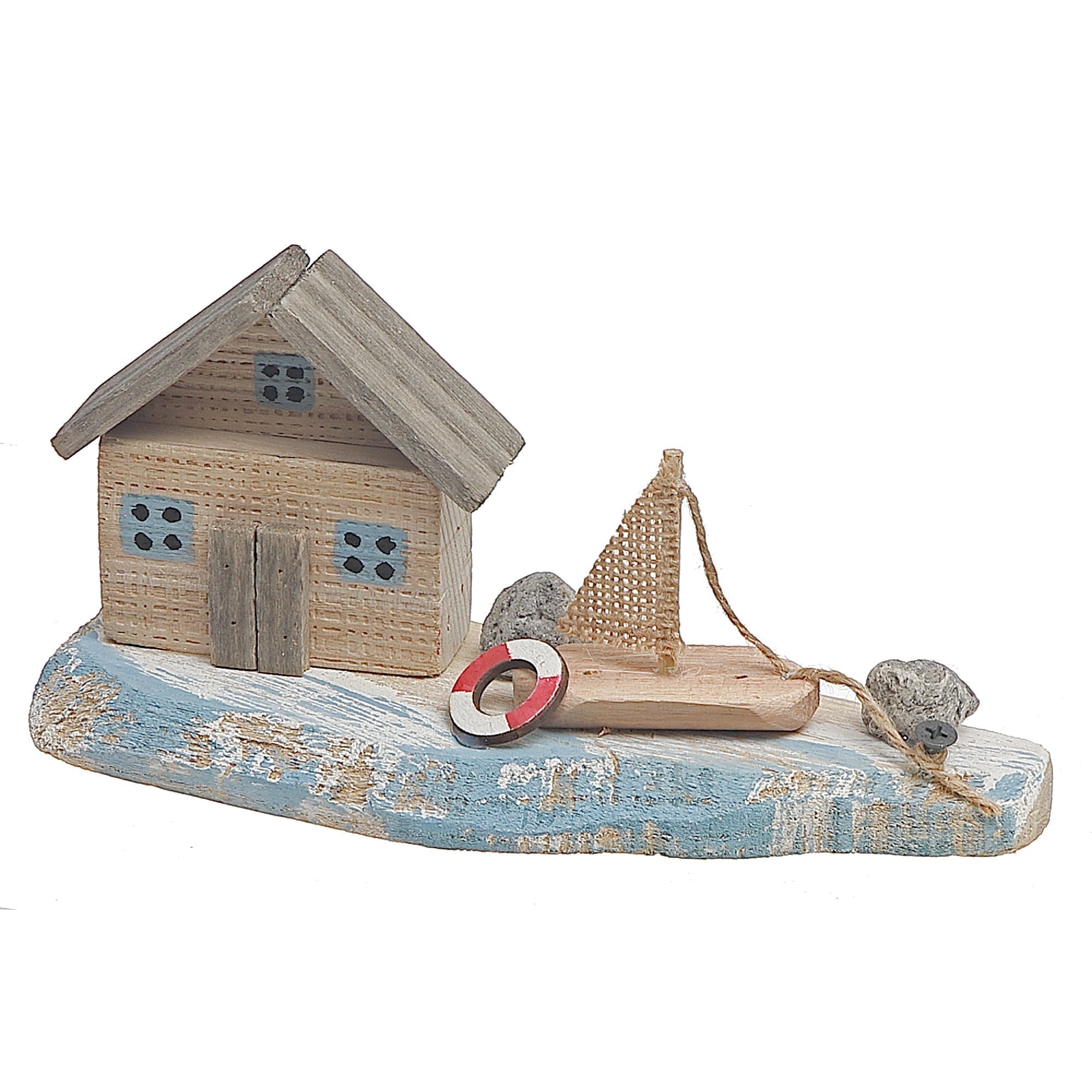 Wooden House And Sail Boat By The Sea Shore, Coastal Beach Table Decor