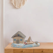 Wooden House And Sail Boat By The Sea Shore, Coastal Beach Table Decor