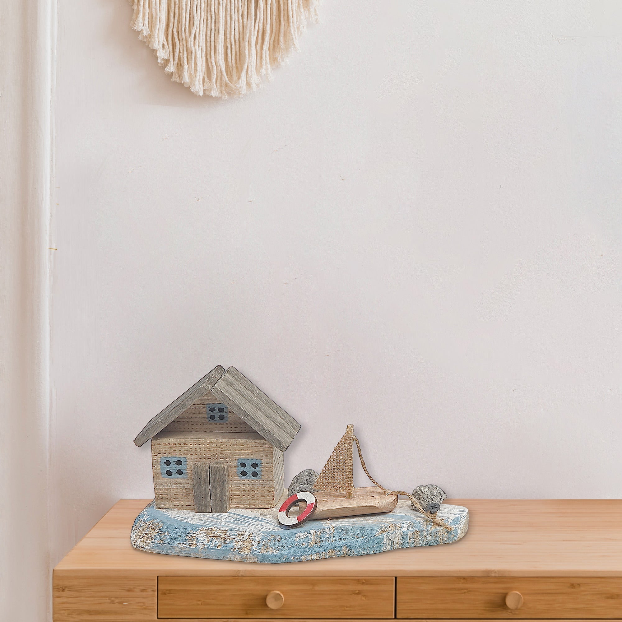 Wooden House And Sail Boat By The Sea Shore, Coastal Beach Table Decor