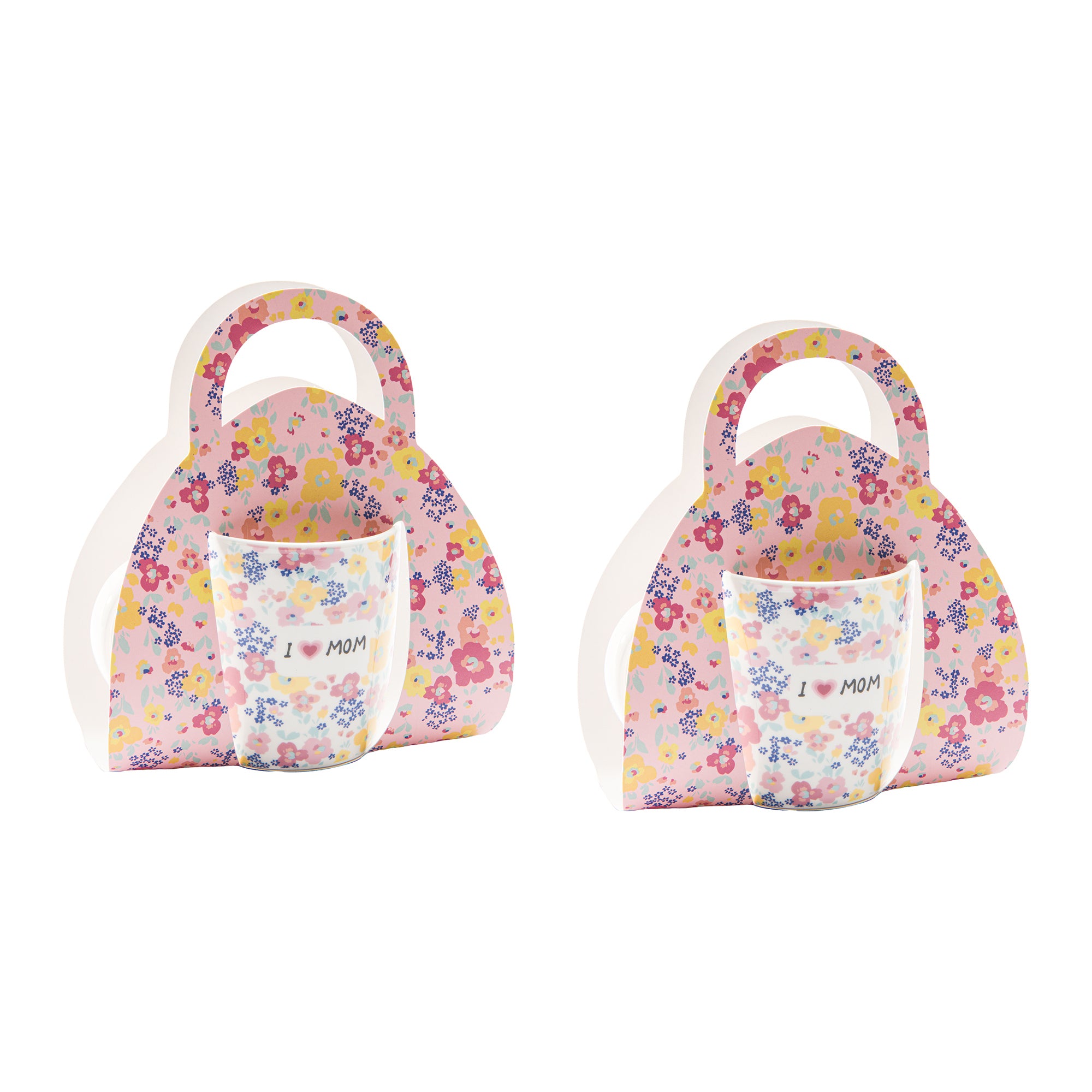 Floral Ceramic Mug Gift Set Featuring “I Love Mom” Message - Set of 2