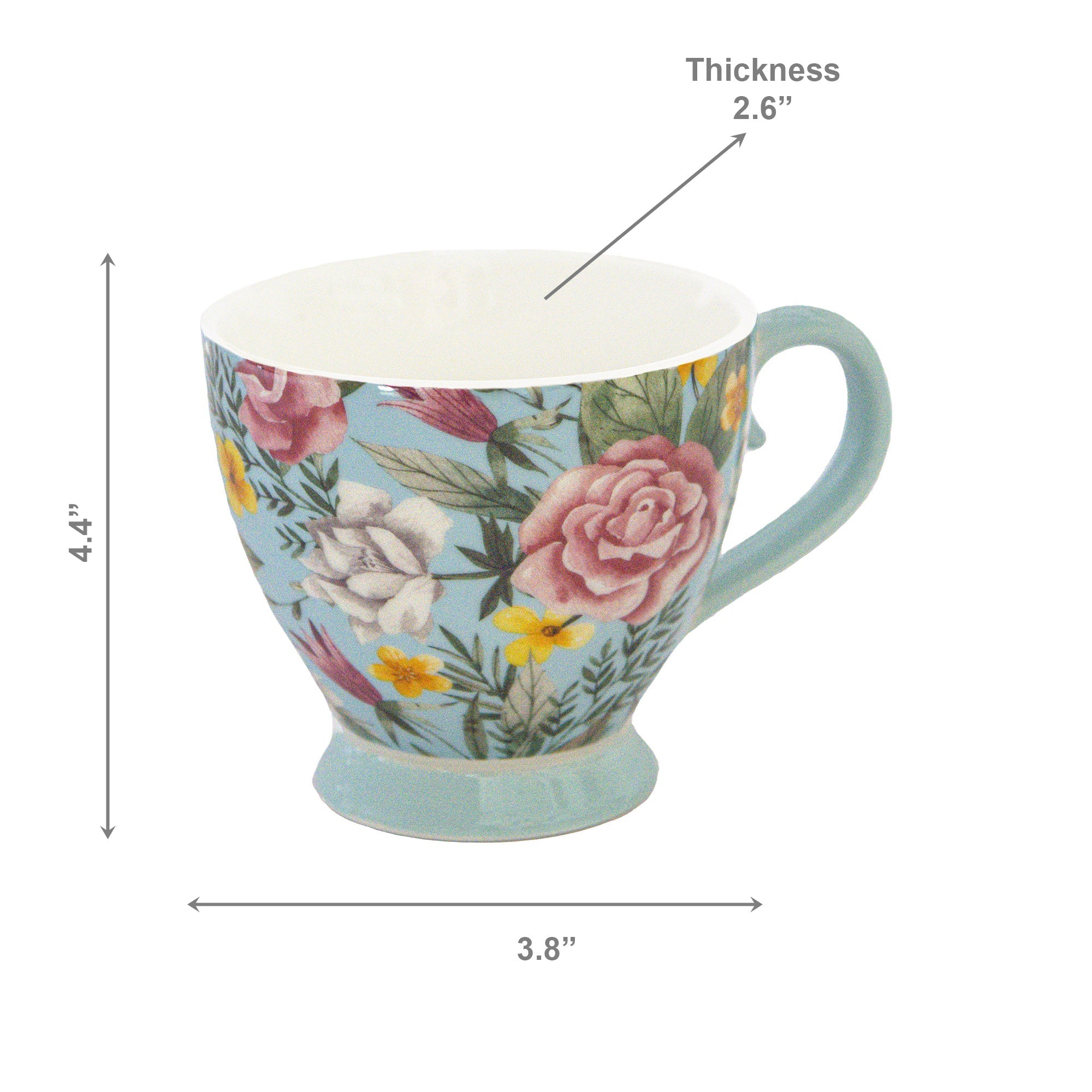 Light Blue Ceramic Footed Mug with Floral Design - Set of 2