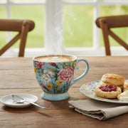 Light Blue Ceramic Footed Mug with Floral Design - Set of 2