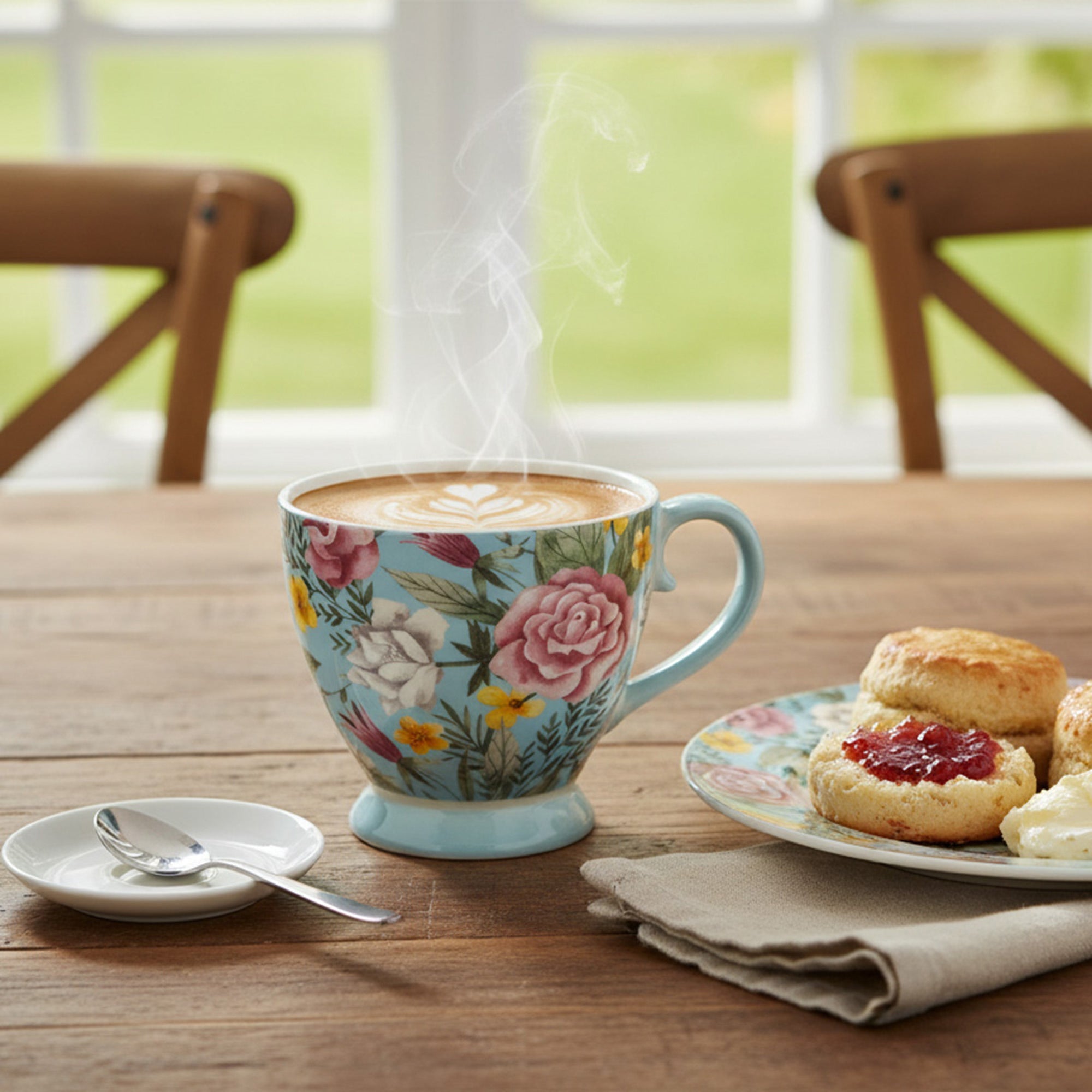 Light Blue Ceramic Footed Mug with Floral Design - Set of 2