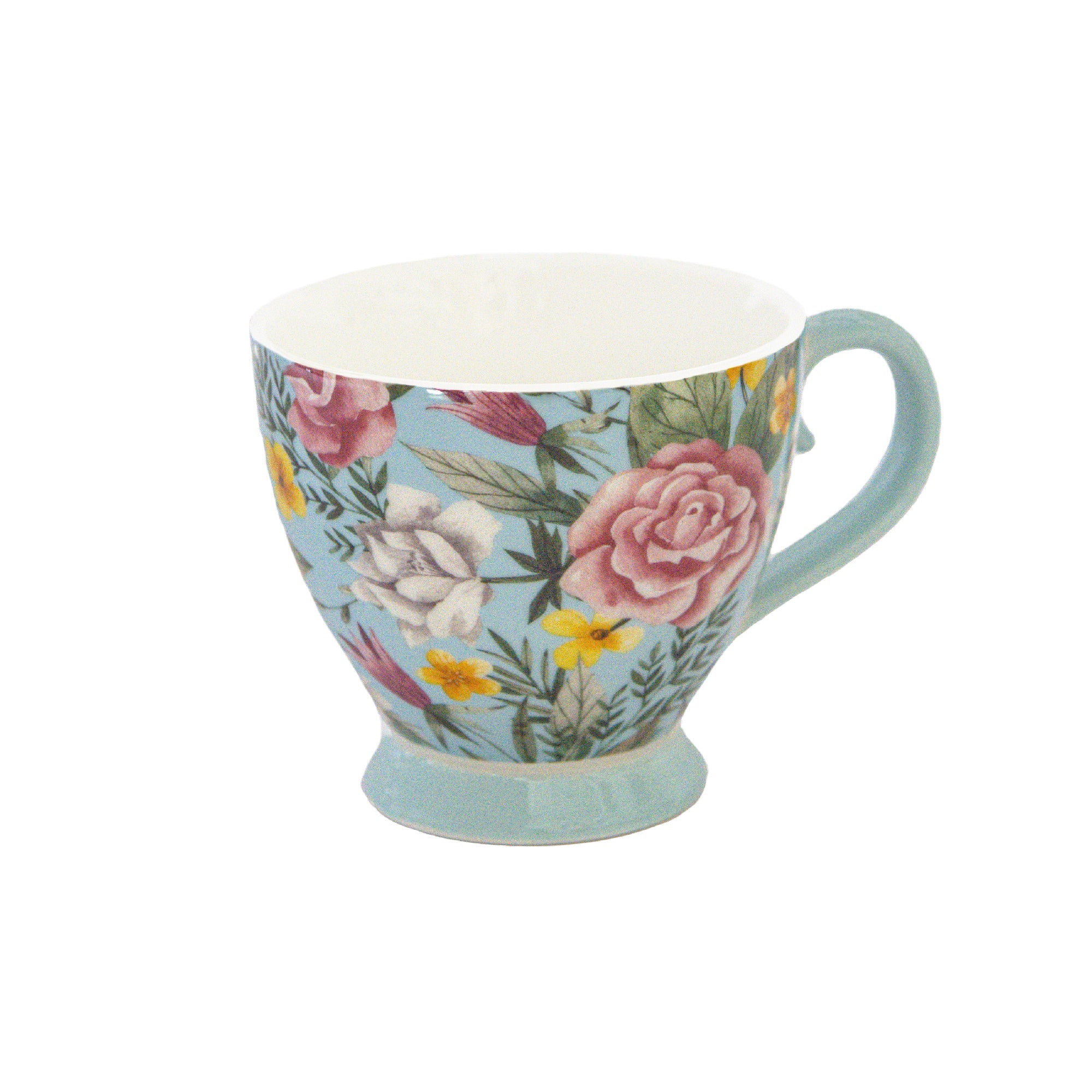 Light Blue Ceramic Footed Mug with Floral Design - Set of 2
