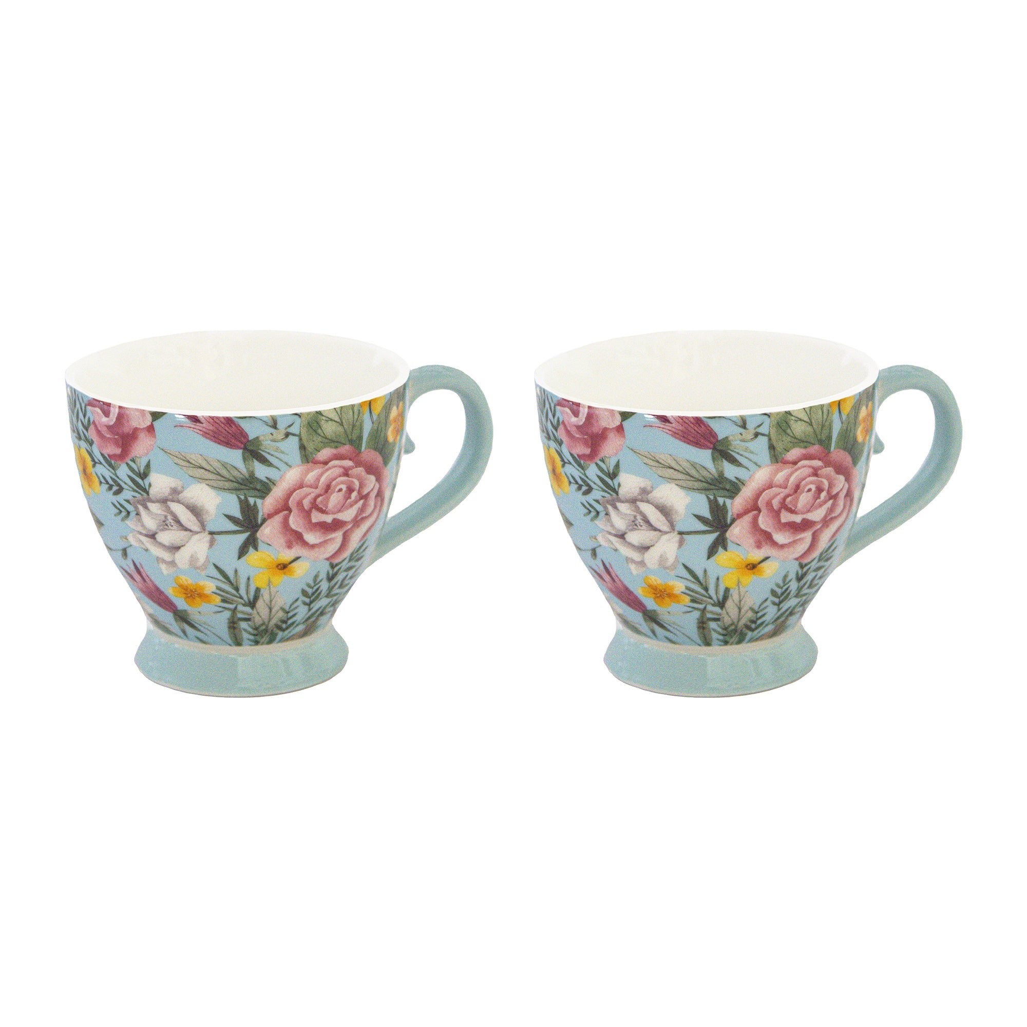 Light Blue Ceramic Footed Mug with Floral Design - Set of 2