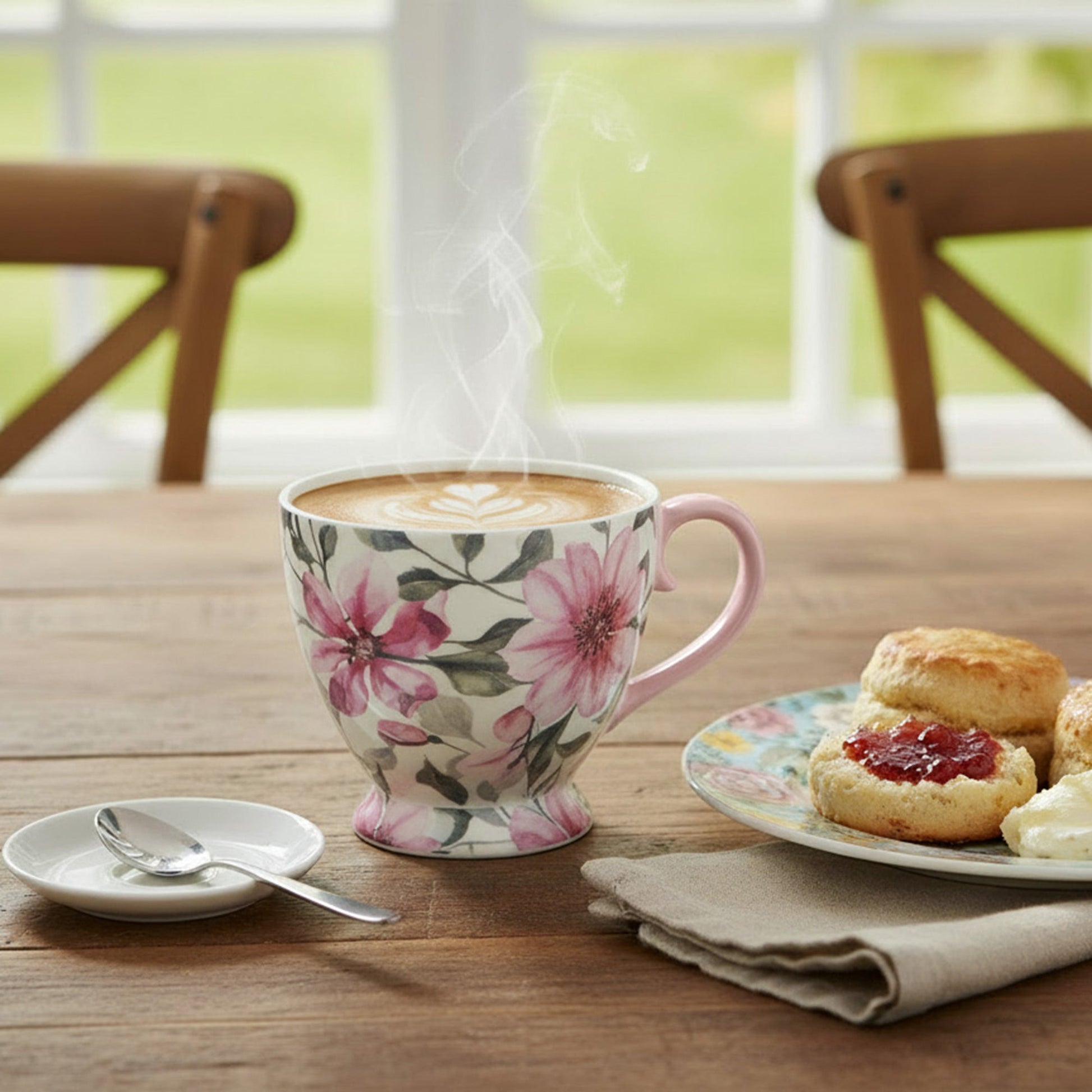 Pink Ceramic Footed Mug with Floral Design - Set of 2