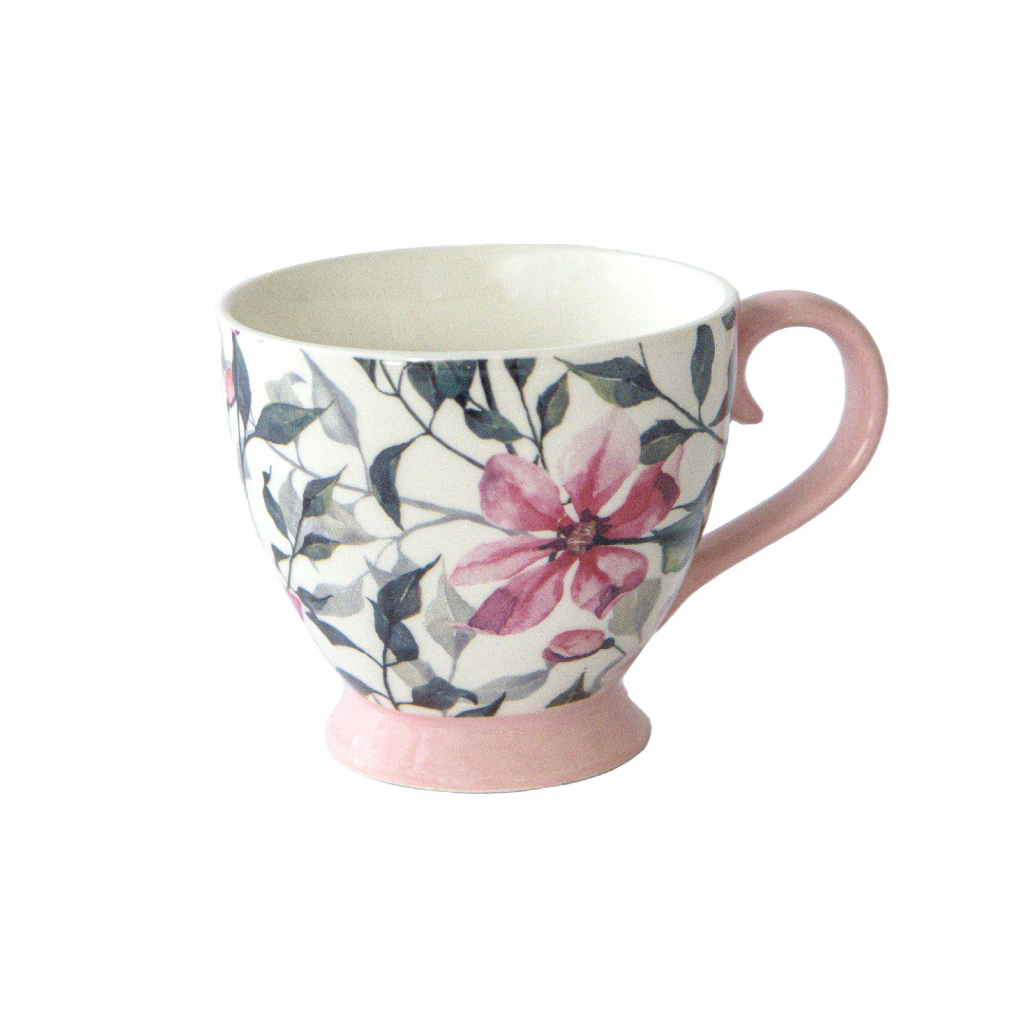 Pink Ceramic Footed Mug with Floral Design - Set of 2