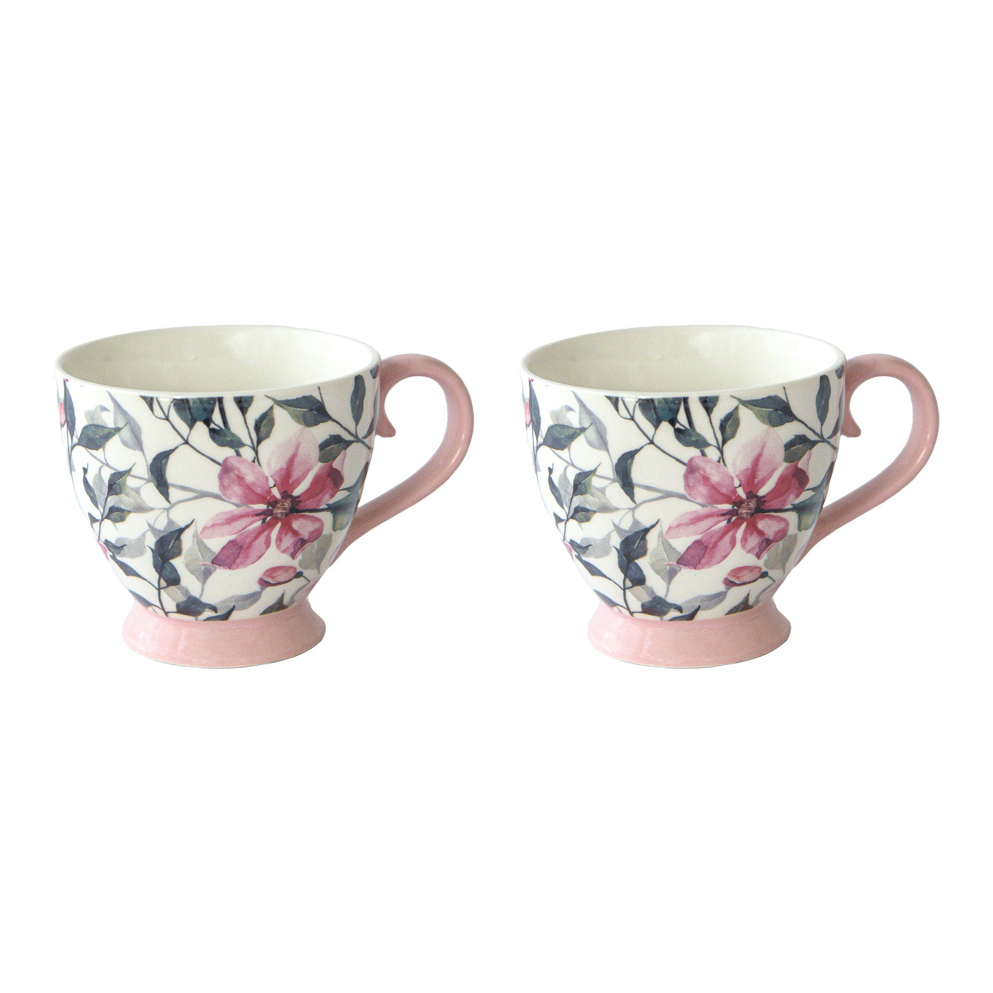 Pink Ceramic Footed Mug with Floral Design - Set of 2