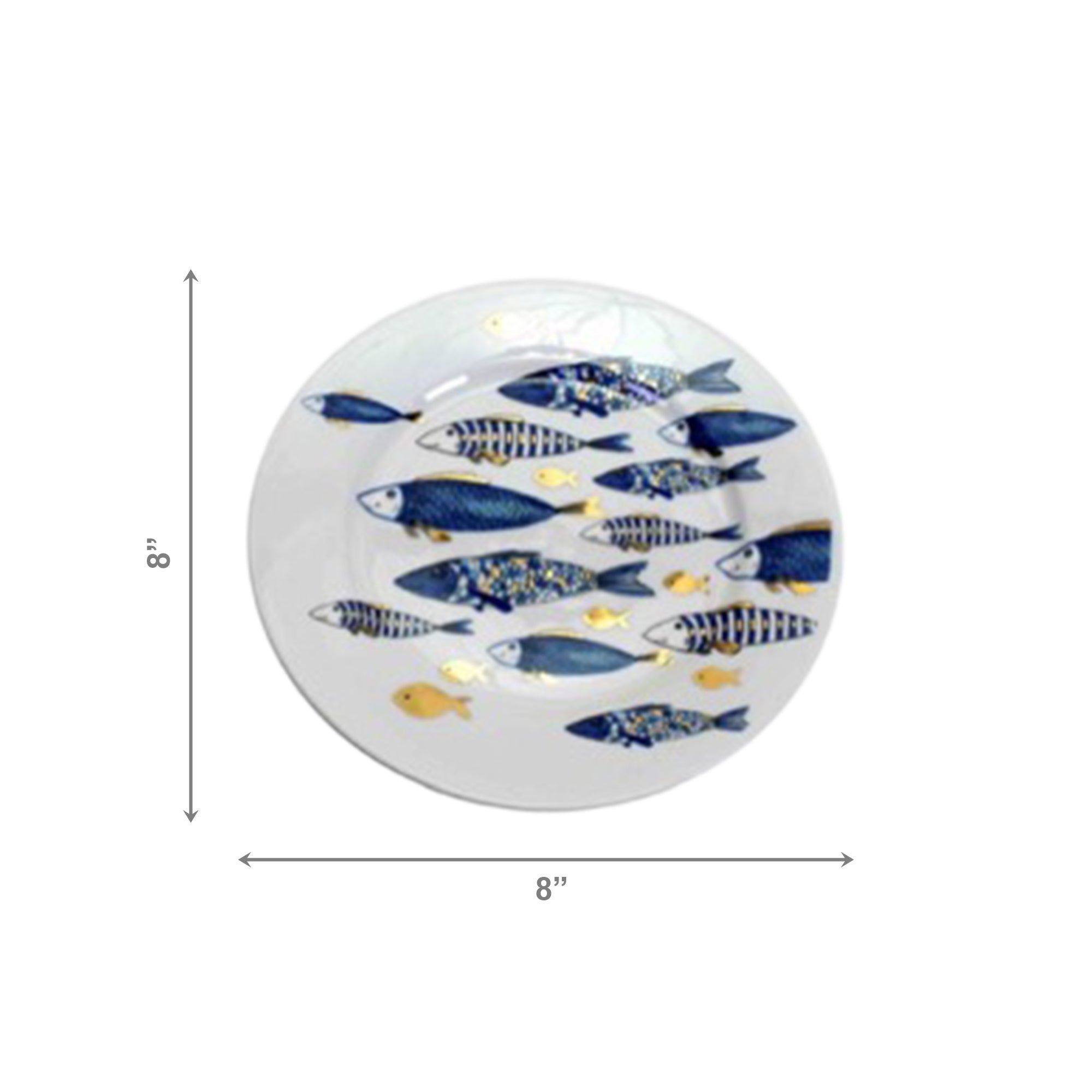 Ceramic Plate Decorated with Gold Fish Decal Design - Set of 2