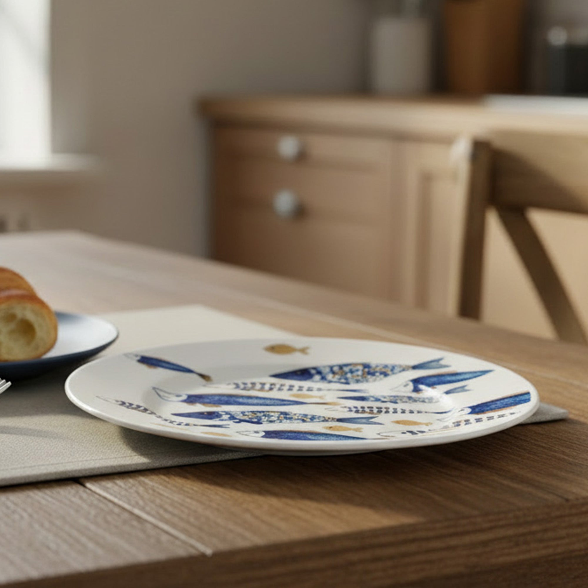 Ceramic Plate Decorated with Gold Fish Decal Design - Set of 2