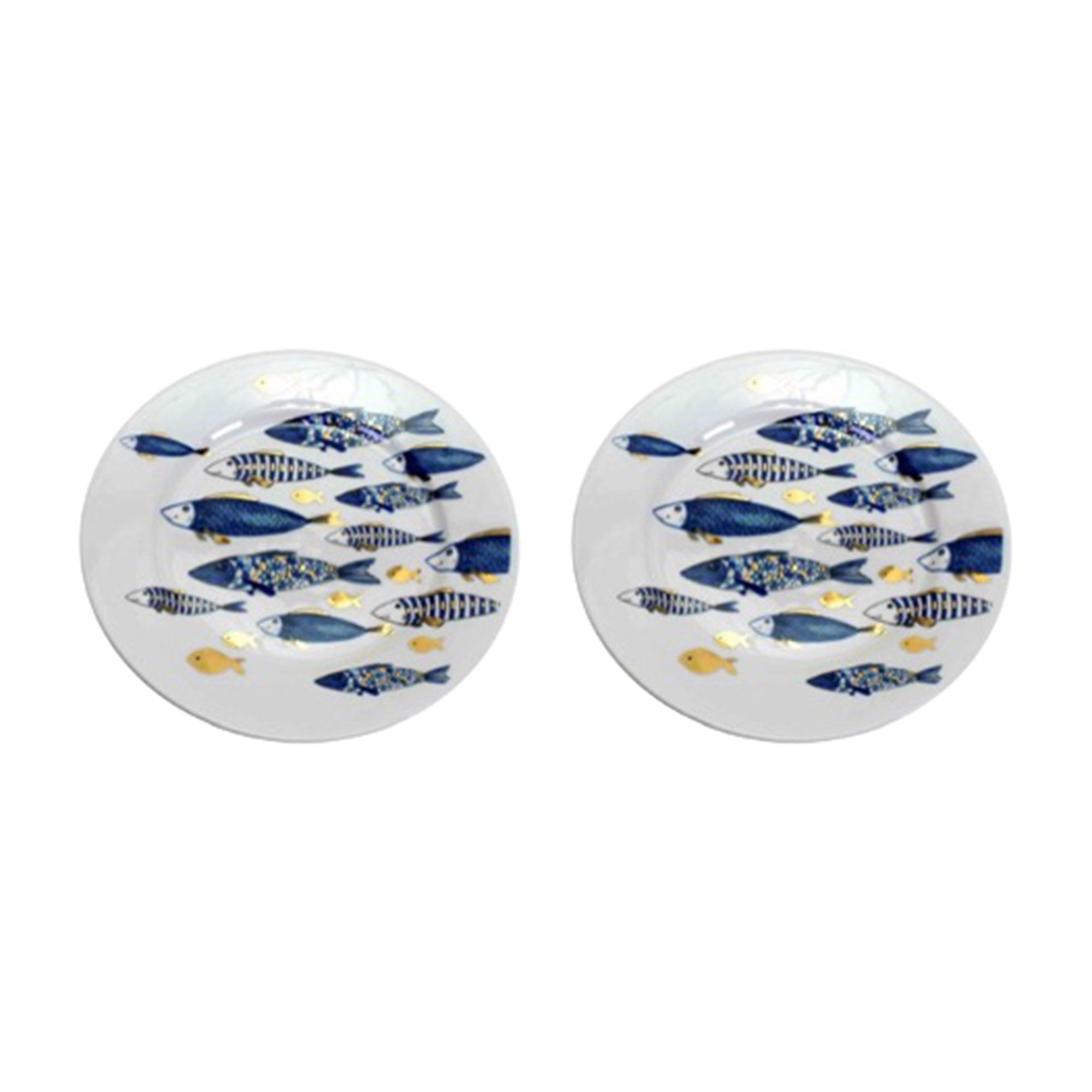 Ceramic Plate Decorated with Gold Fish Decal Design - Set of 2