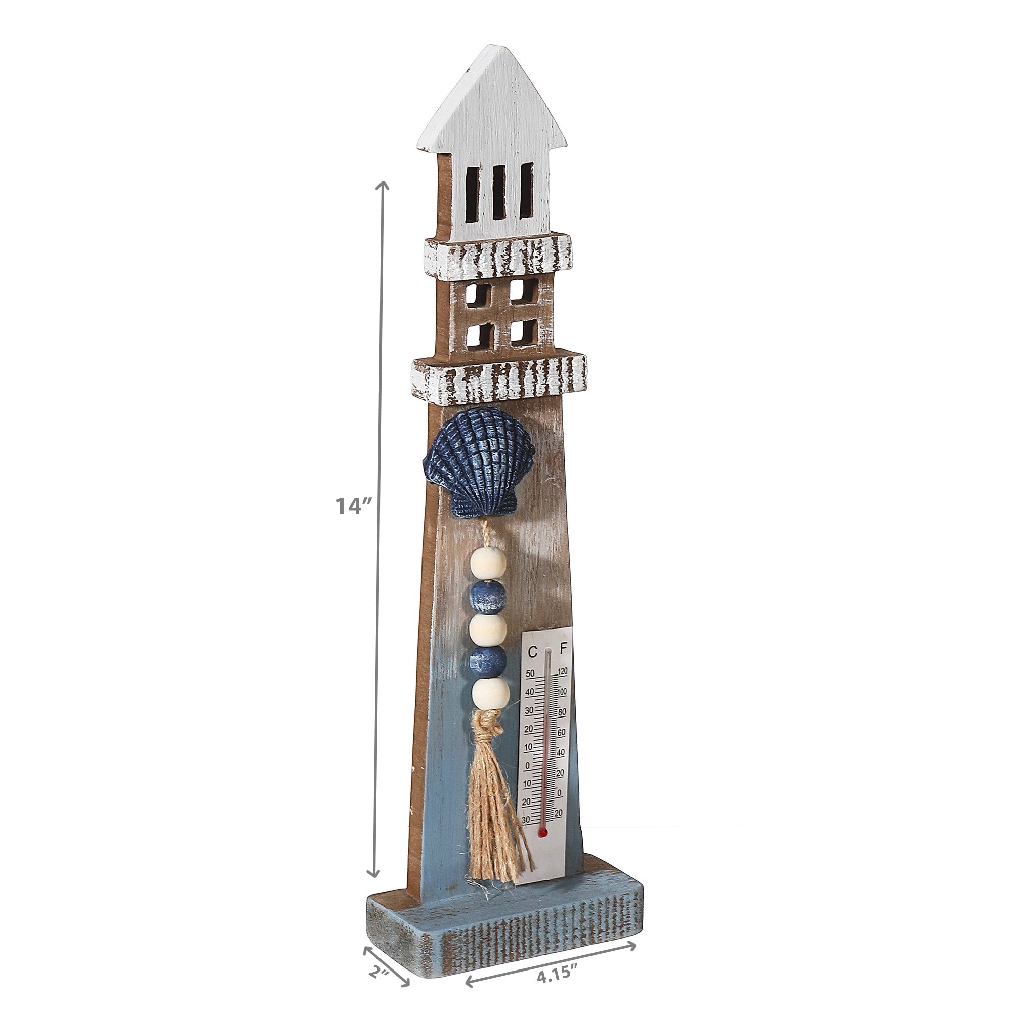 Lighthouse With Beaded Garland And Thermometer 14 Inch, Nautical Home Decor, Coastal Accent
