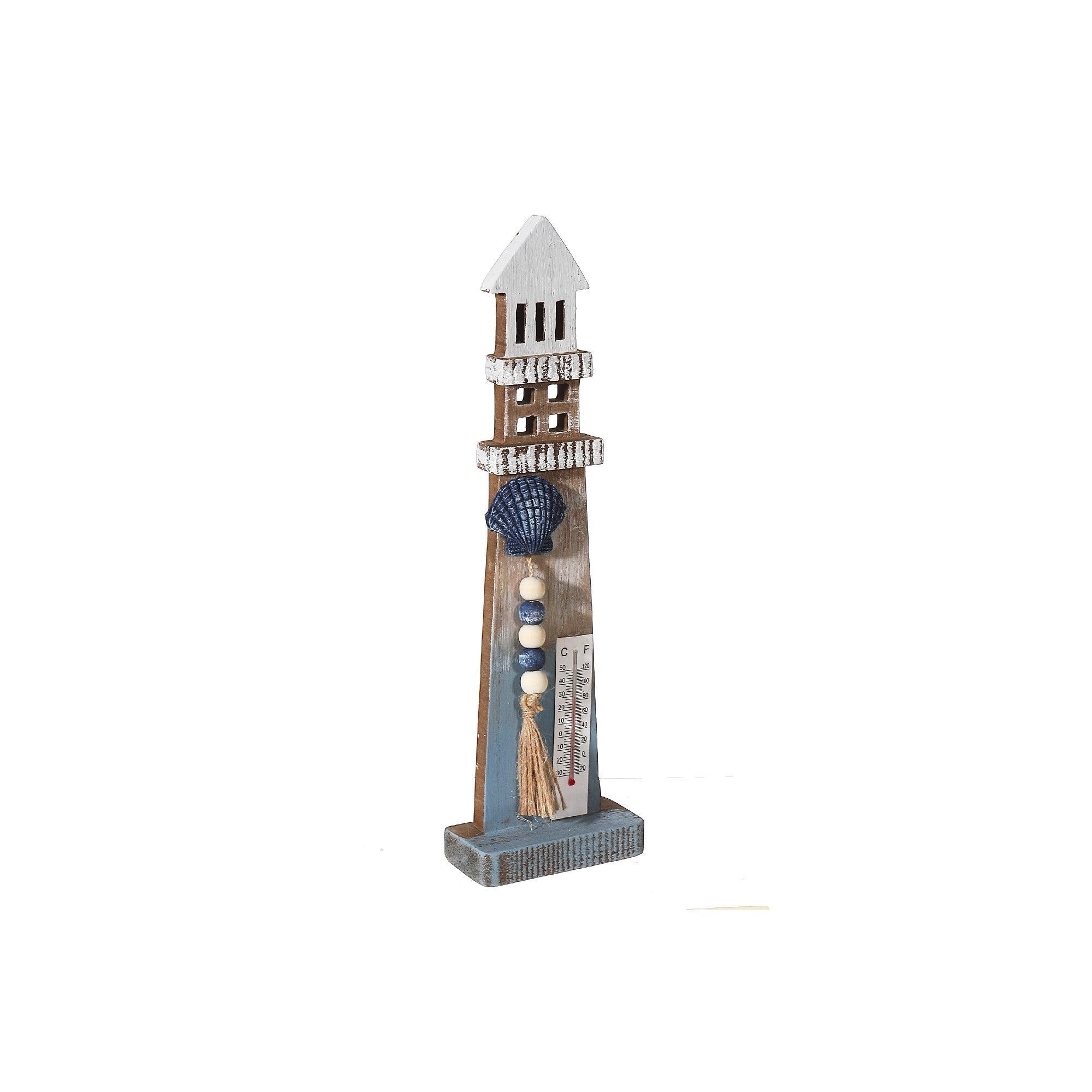 Lighthouse With Beaded Garland And Thermometer 14 Inch, Nautical Home Decor, Coastal Accent