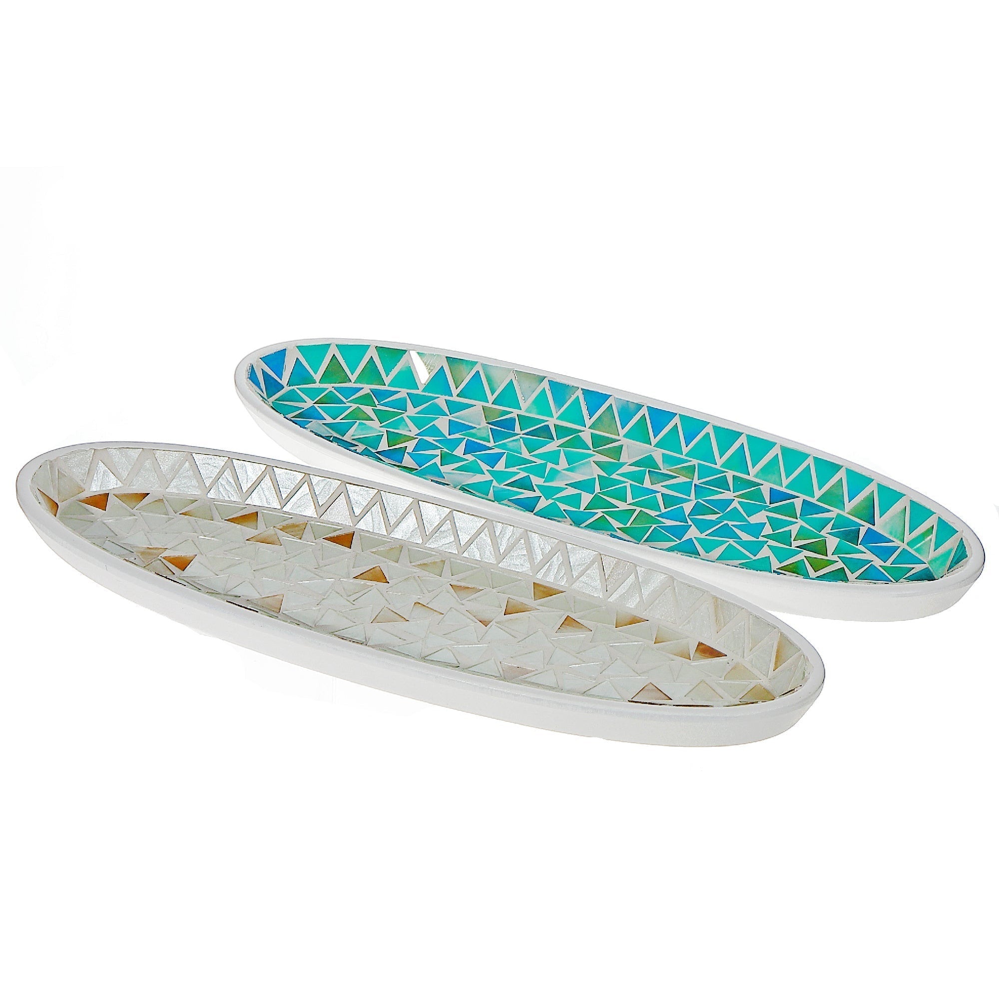 Green & Taupe Mosaic Decorative Oval Tray Assorted Set Of 2, Green And Taupe Mosaic Tray Set, Oval Serving Platter, Decorative Tabletop Accent, Home Entertaining Essential