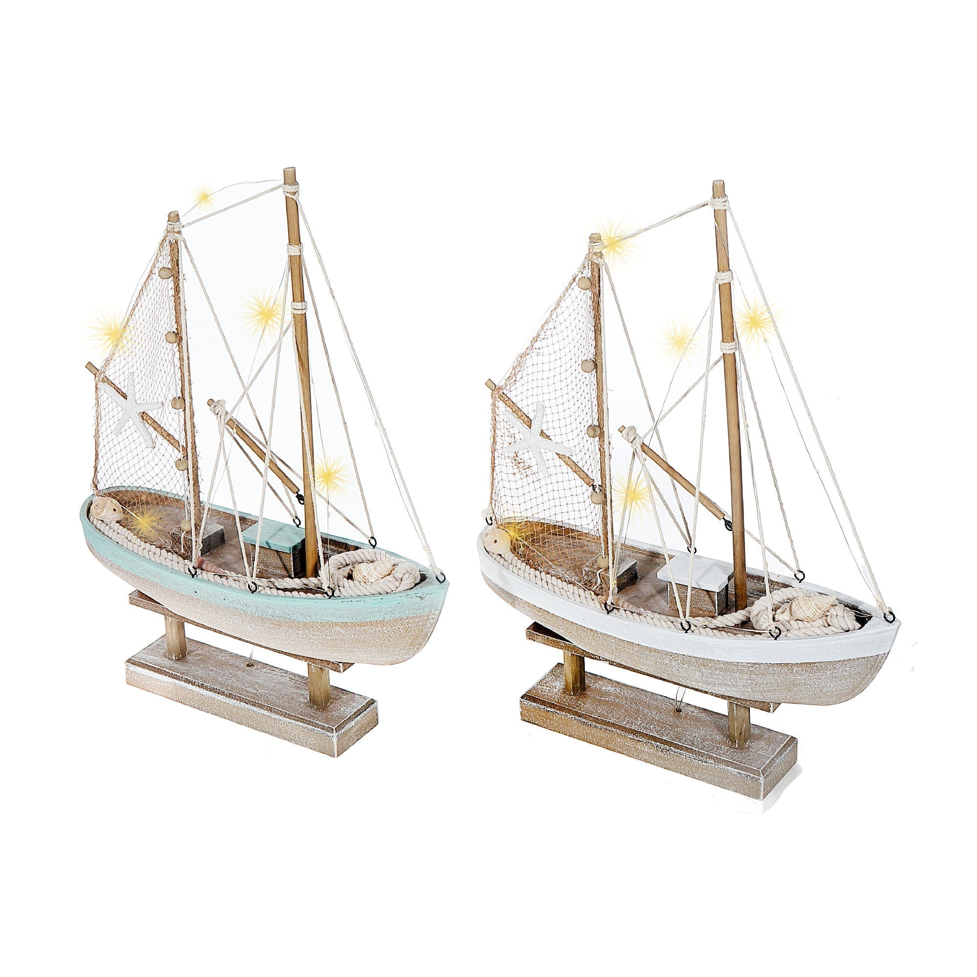 Blue and White Striped LED Wooden Sailboat Decorative Accent Assorted, Nautical Coastal Home Decor, Table or Shelf Decoration