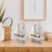 Blue and White Striped LED Wooden Sailboat Decorative Accent Assorted, Nautical Coastal Home Decor, Table or Shelf Decoration