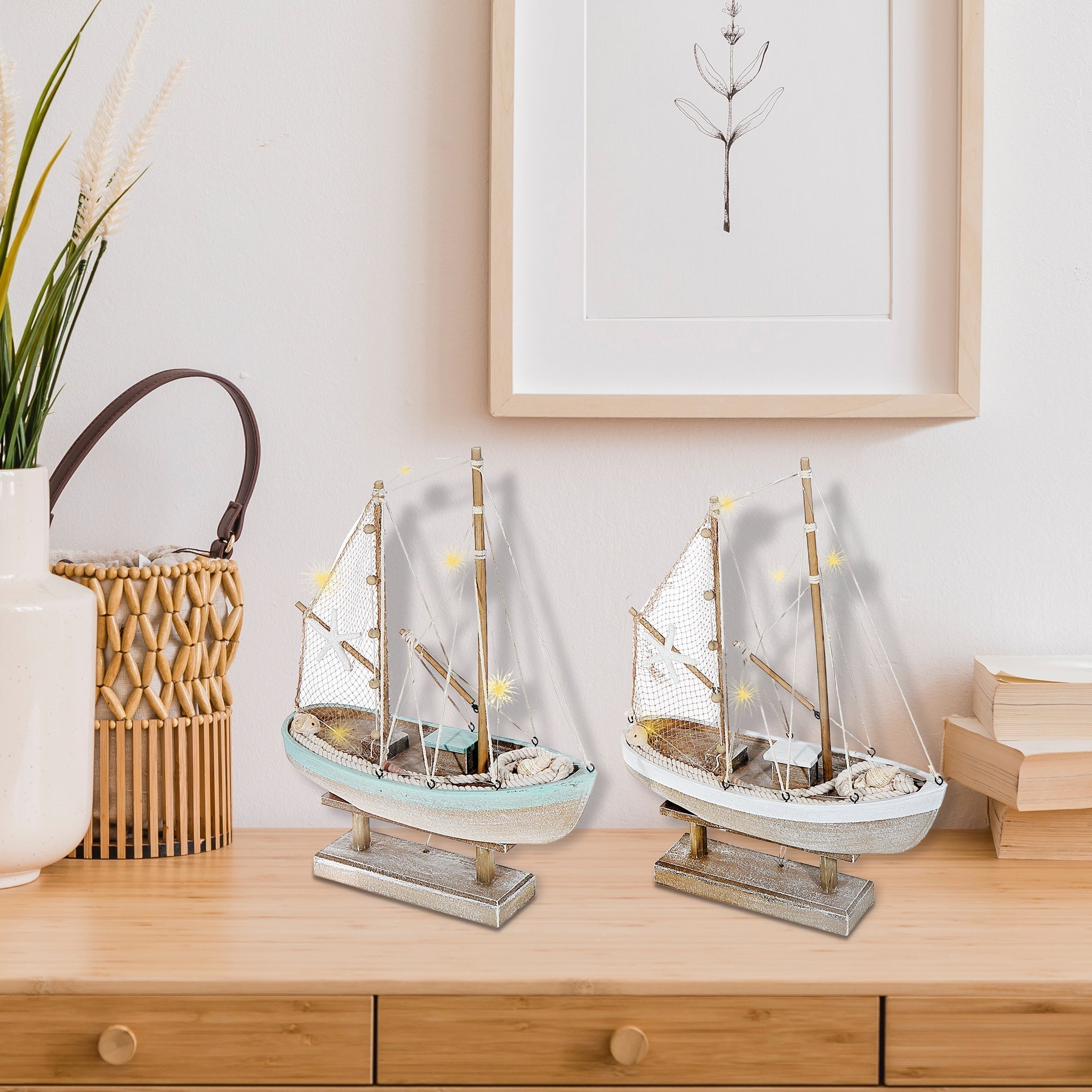 Blue and White Striped LED Wooden Sailboat Decorative Accent Assorted, Nautical Coastal Home Decor, Table or Shelf Decoration