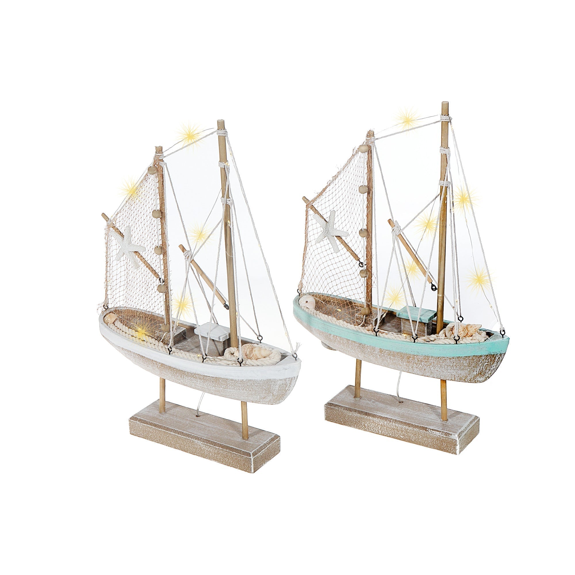 Blue and White Striped LED Wooden Sailboat Decorative Accent Assorted, Nautical Coastal Home Decor, Table or Shelf Decoration