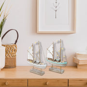 Blue and White Striped LED Wooden Sailboat Decorative Accent Assorted, Nautical Coastal Home Decor, Table or Shelf Decoration