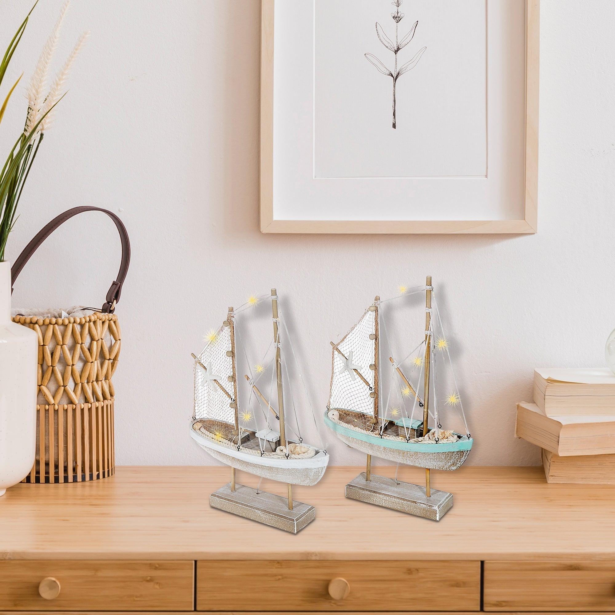 Blue and White Striped LED Wooden Sailboat Decorative Accent Assorted, Nautical Coastal Home Decor, Table or Shelf Decoration
