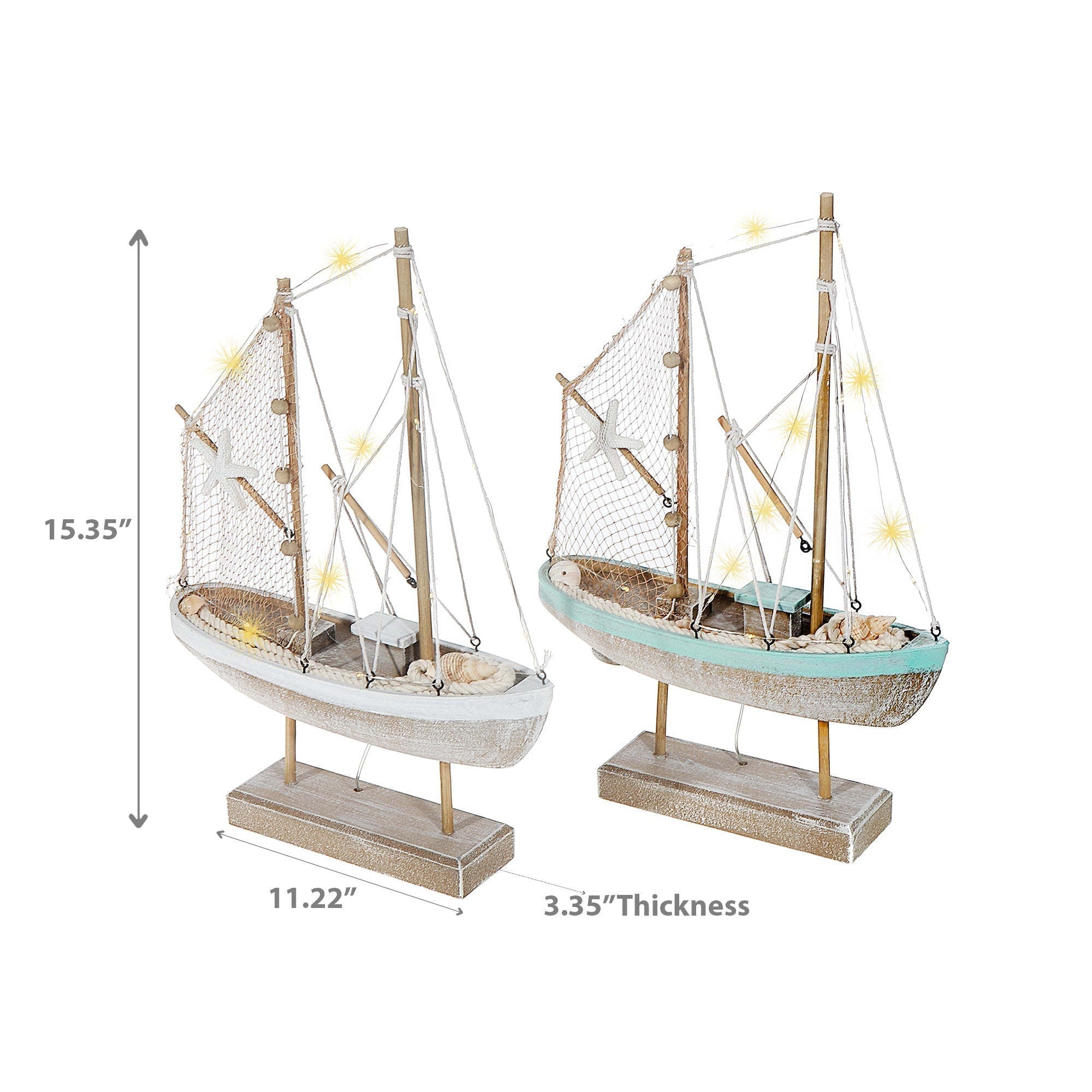 Blue and White Striped LED Wooden Sailboat Decorative Accent Assorted, Nautical Coastal Home Decor, Table or Shelf Decoration