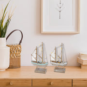 Blue and White Striped LED Wooden Sailboat Decorative Accent Assorted, Nautical Coastal Home Decor, Table or Shelf Decoration