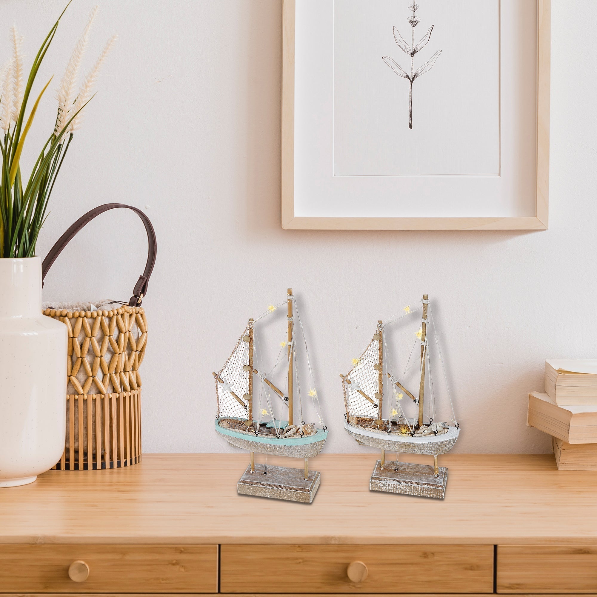 Blue and White Striped LED Wooden Sailboat Decorative Accent Assorted, Nautical Coastal Home Decor, Table or Shelf Decoration