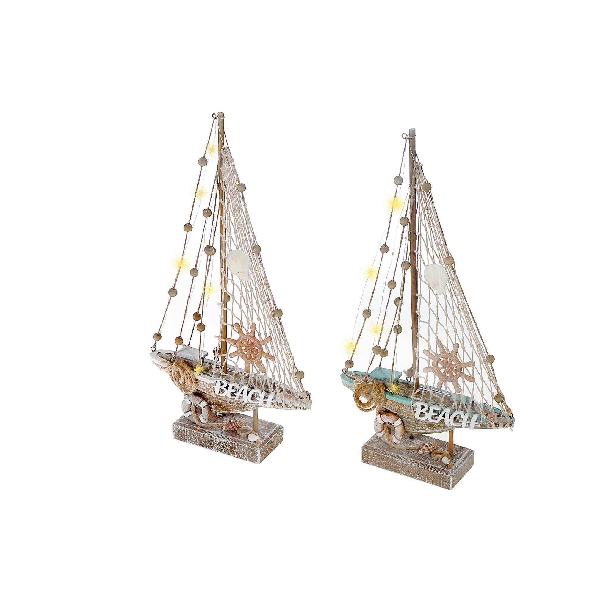 Blue and White Striped LED Wooden Sailboat Decorative Accent Assorted, Nautical Coastal Home Decor, Table or Shelf Decoration