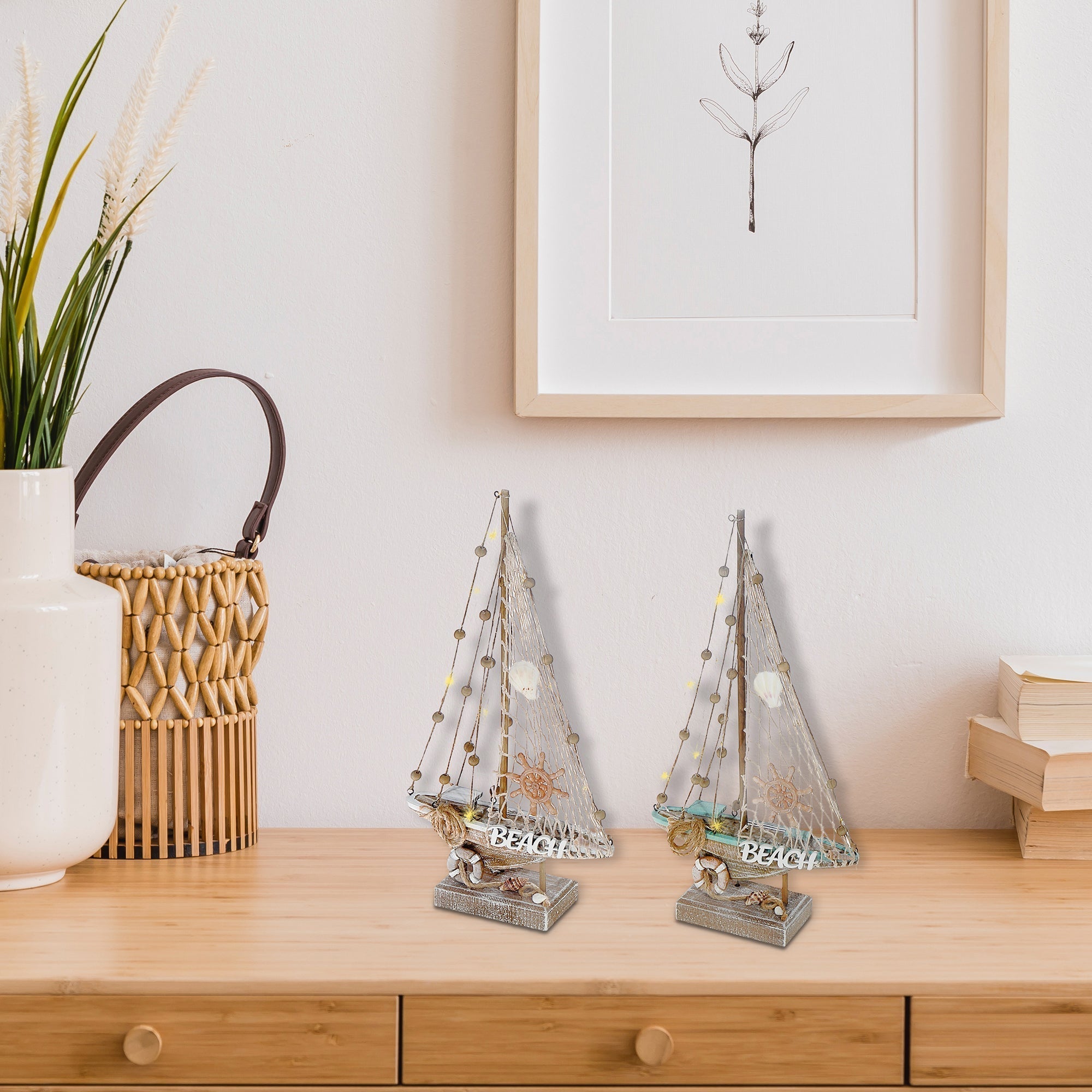 Blue and White Striped LED Wooden Sailboat Decorative Accent Assorted, Nautical Coastal Home Decor, Table or Shelf Decoration