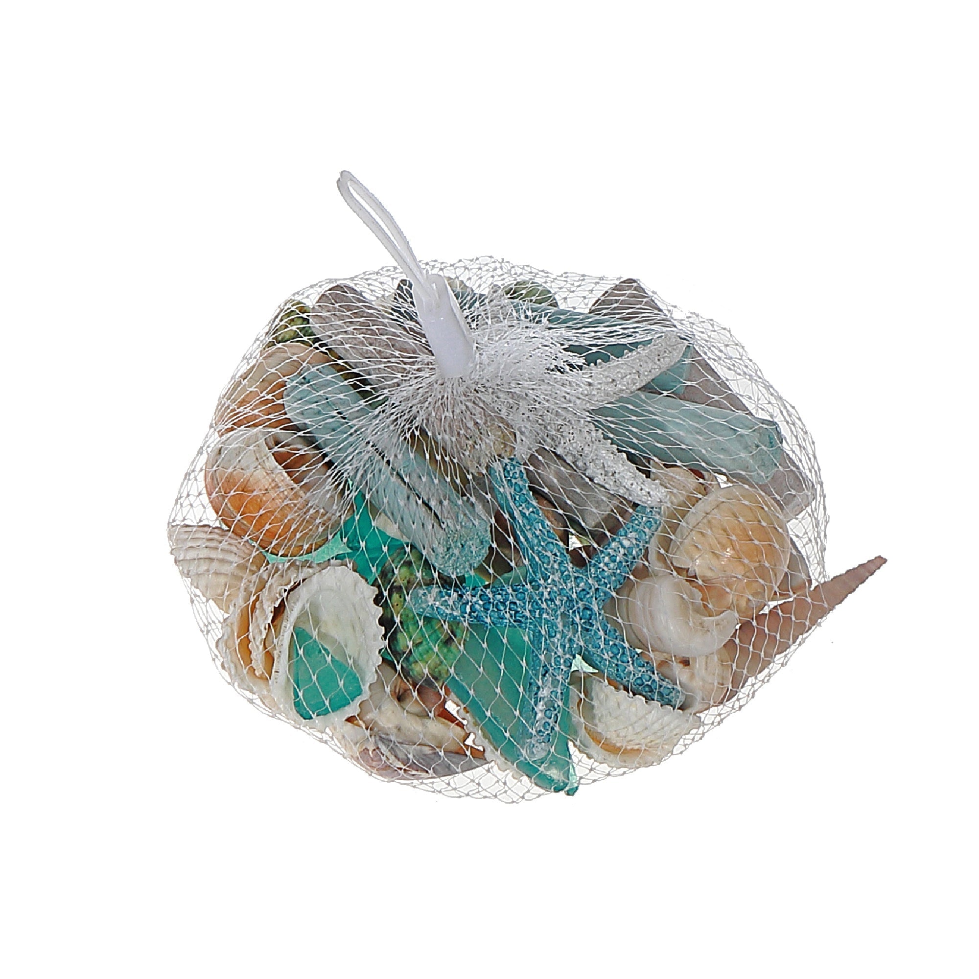 Seashells in Net Bag, Coastal Beach Decor Accent, Nautical Home Decoration