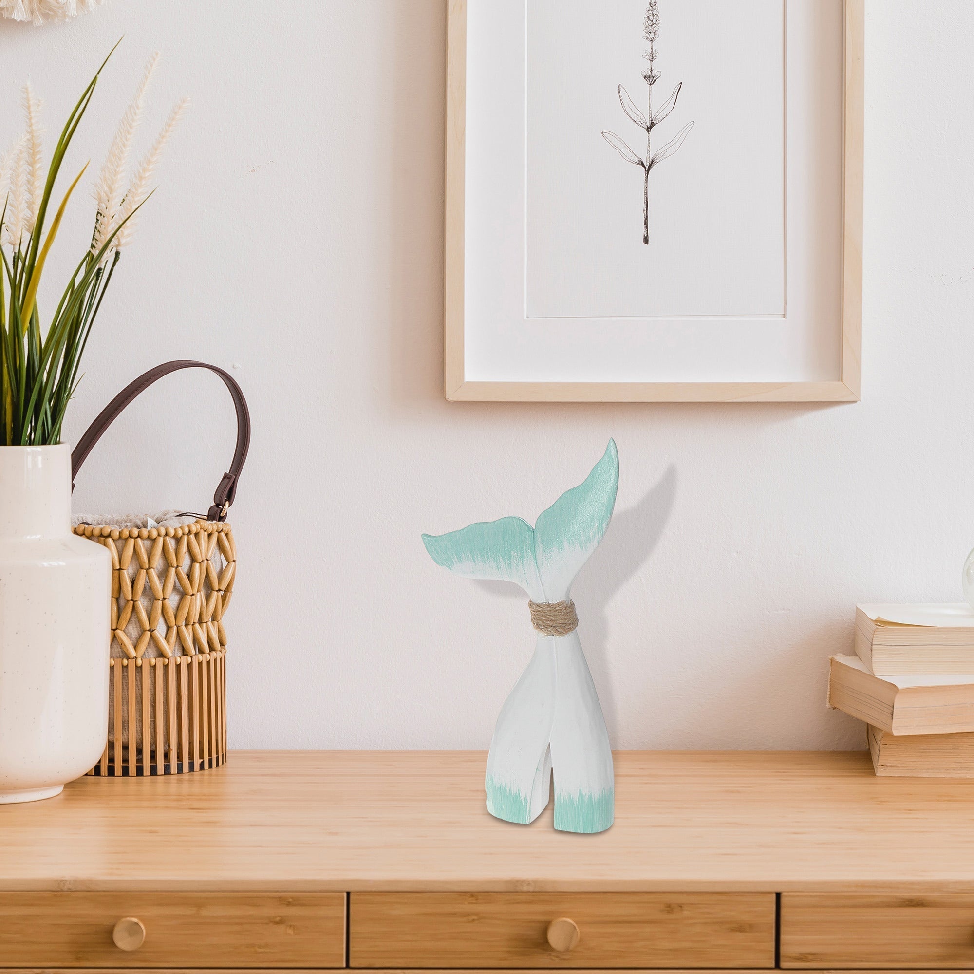 Large White and Turquoise Wooden Whale Tail Decorative Accent, Coastal Home Decor, Nautical Table or Wall Accent