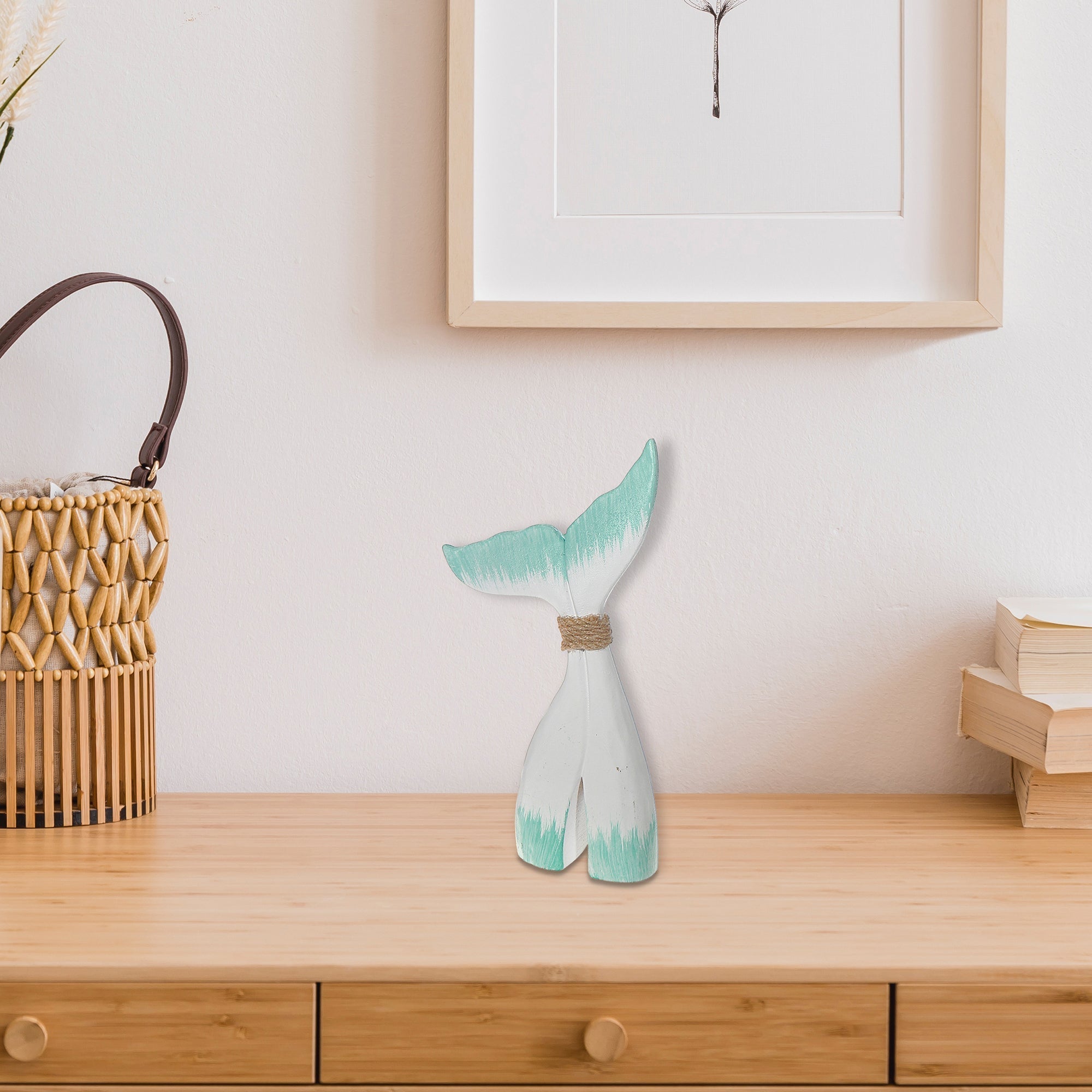 Medium White and Turquoise Wooden Whale Tail Decorative Accent, Coastal Home Decor, Nautical Table or Wall Accent